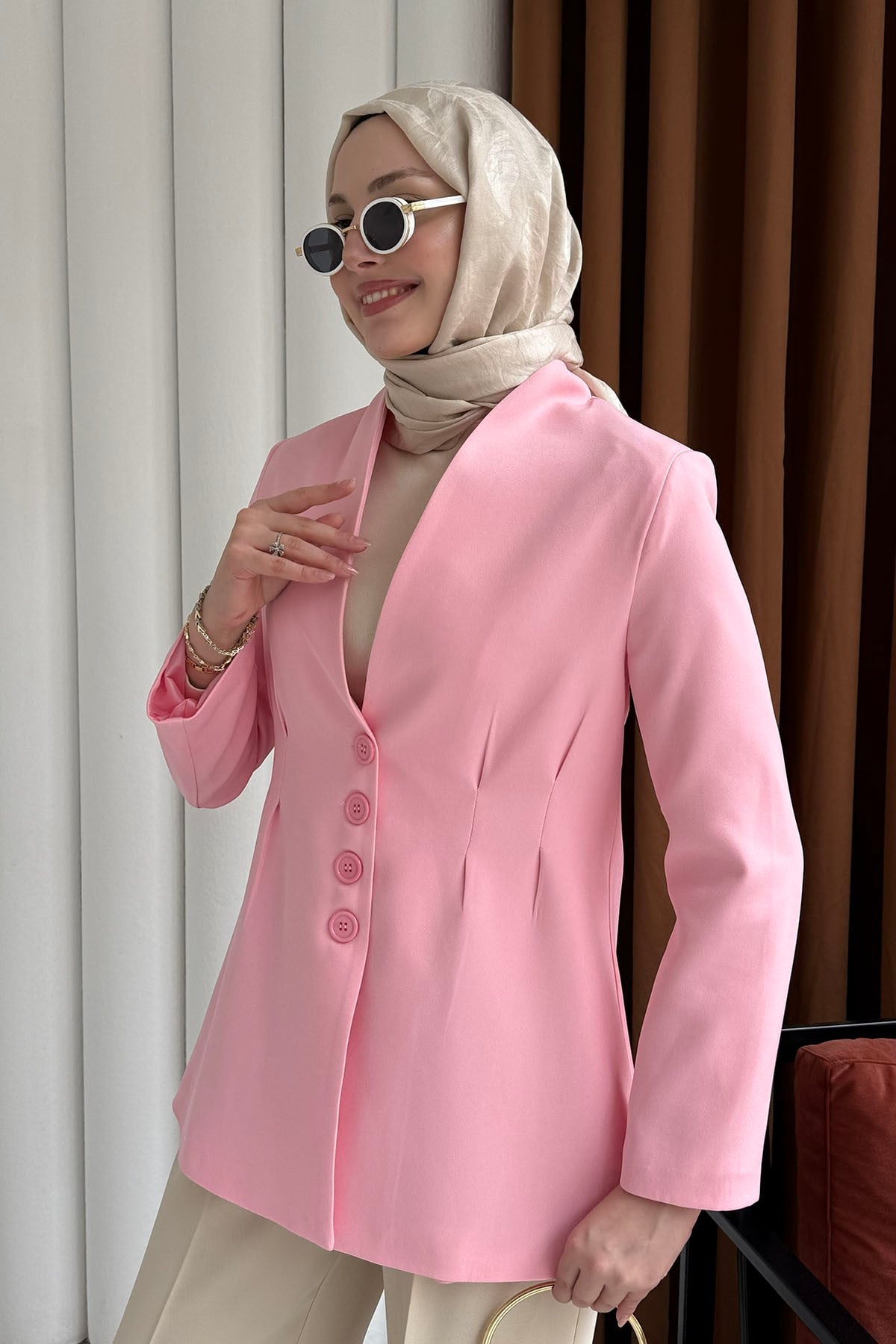 Ön Ve Arka Çift Pensli Yakasız Ceket-PEMBE