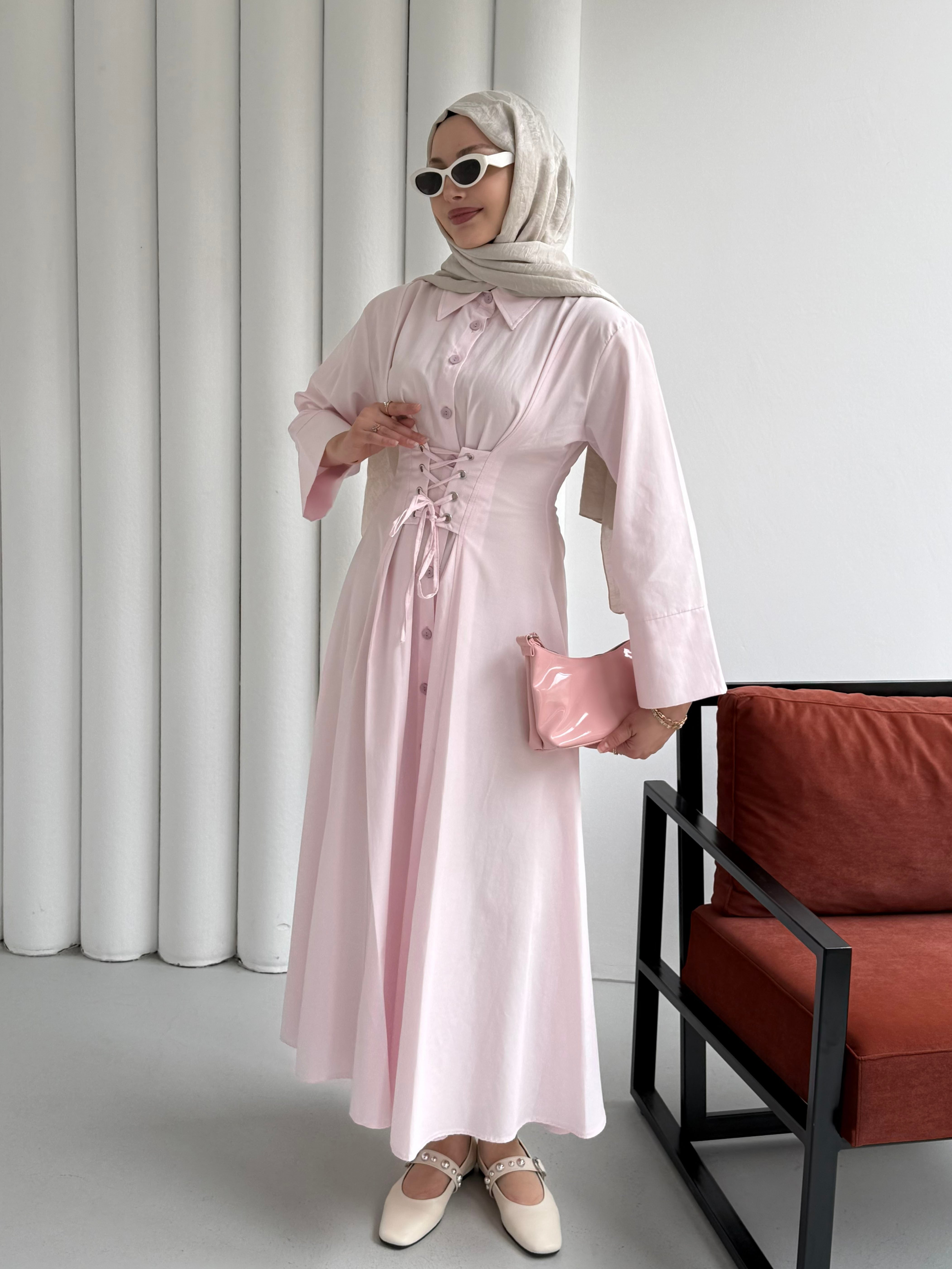 Önden Bağçıklı Korsaj Detay Gömlek Elbise-PEMBE