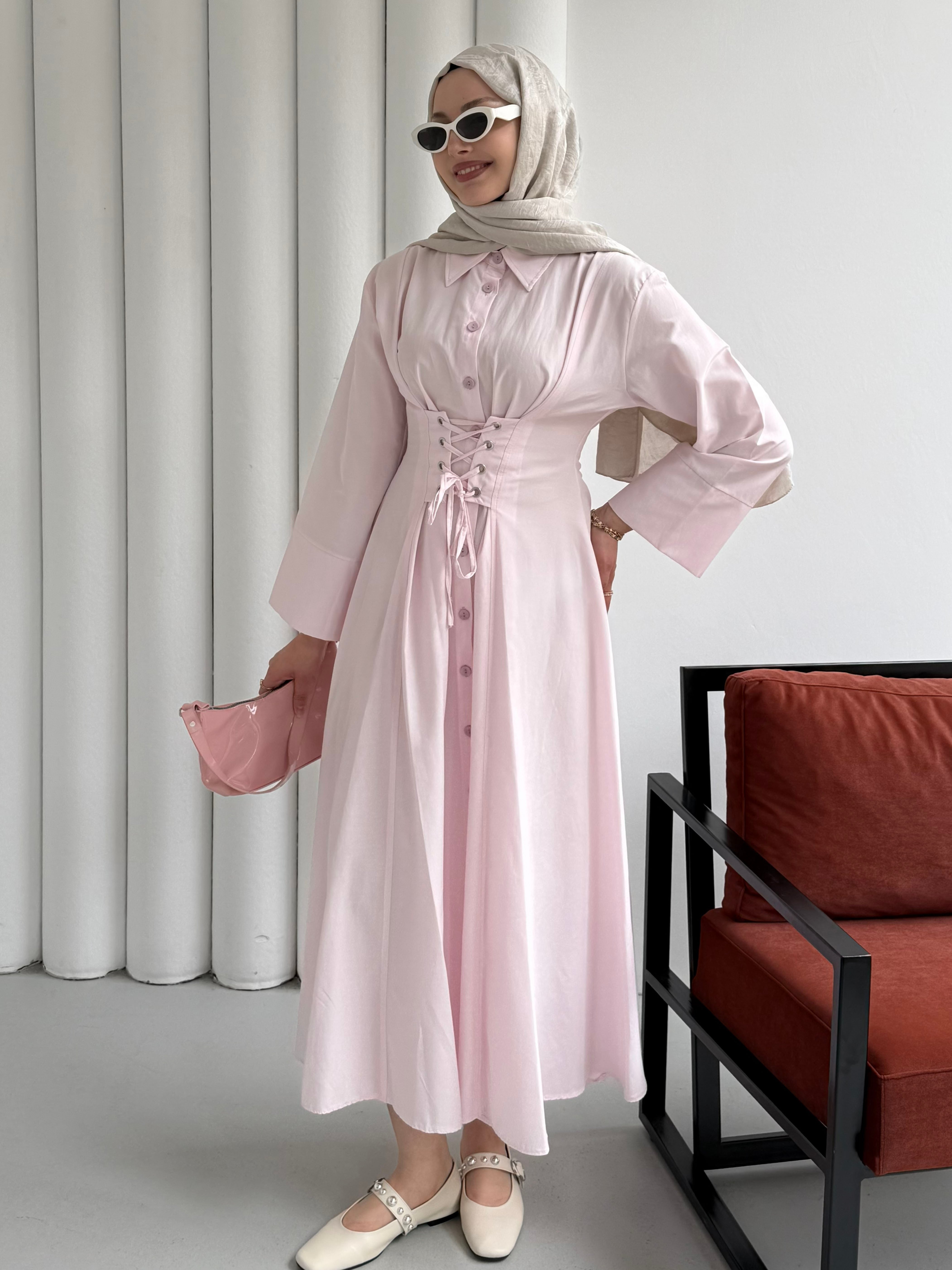 Önden Bağçıklı Korsaj Detay Gömlek Elbise-PEMBE