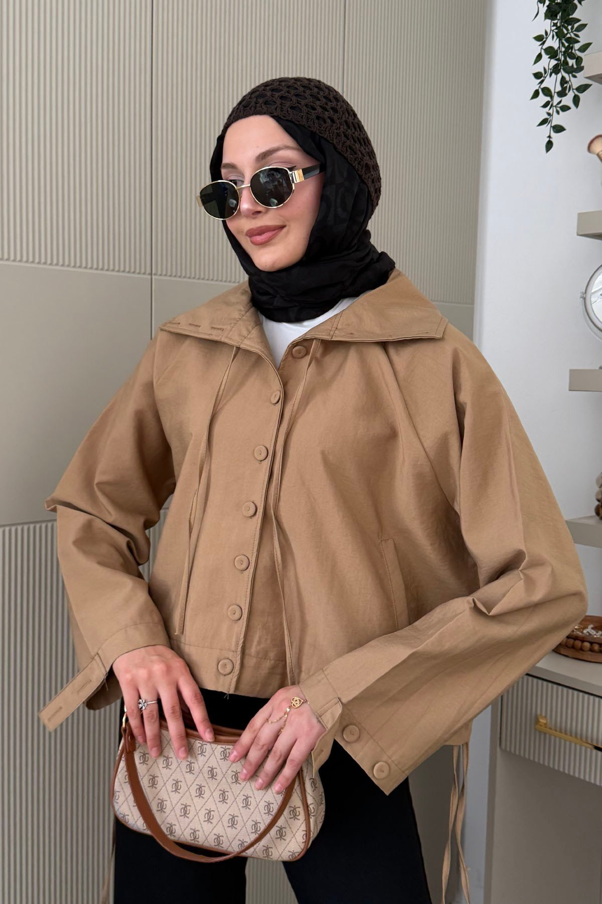 Önden Düğmeli Bağcıklı Ceket-CAMEL
