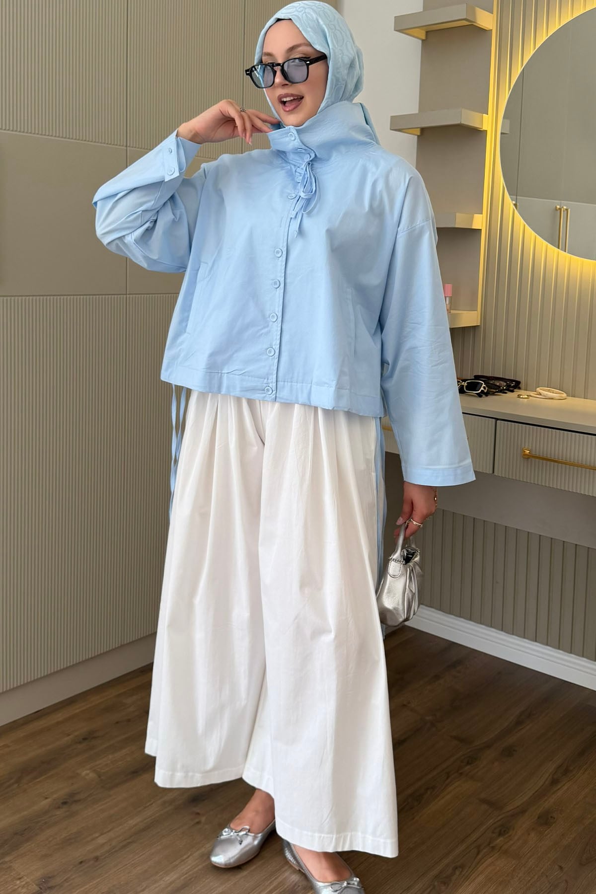 Önden Düğmeli Bağcıklı Ceket Gömlek-BEBE MAVİ