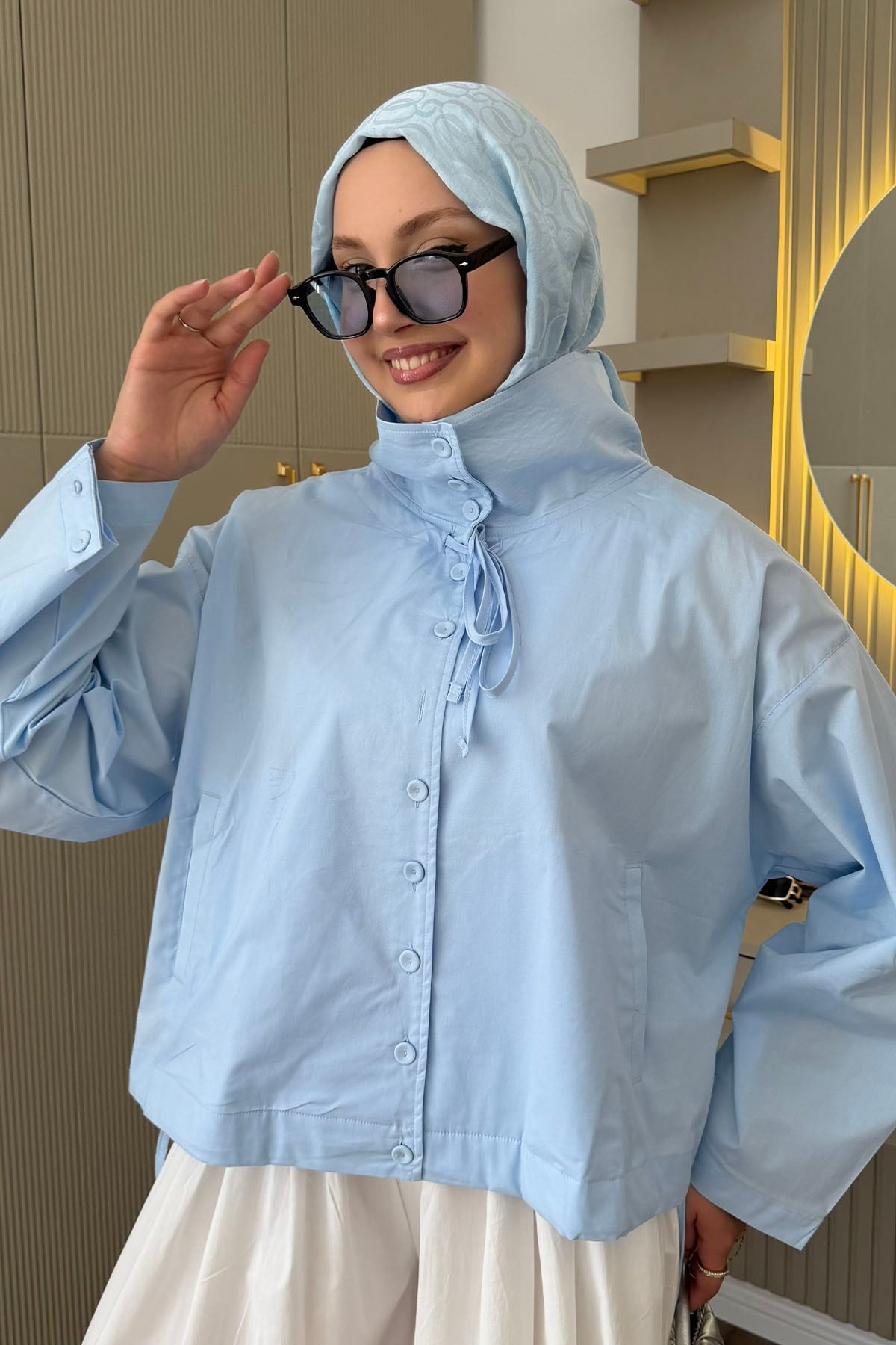 Önden Düğmeli Bağcıklı Ceket Gömlek-BEBE MAVİ