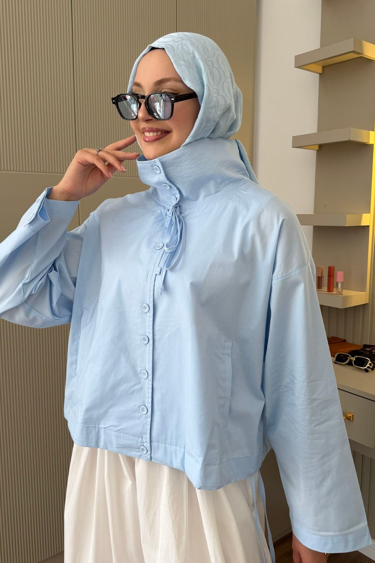 Önden Düğmeli Bağcıklı Ceket Gömlek-BEBE MAVİ