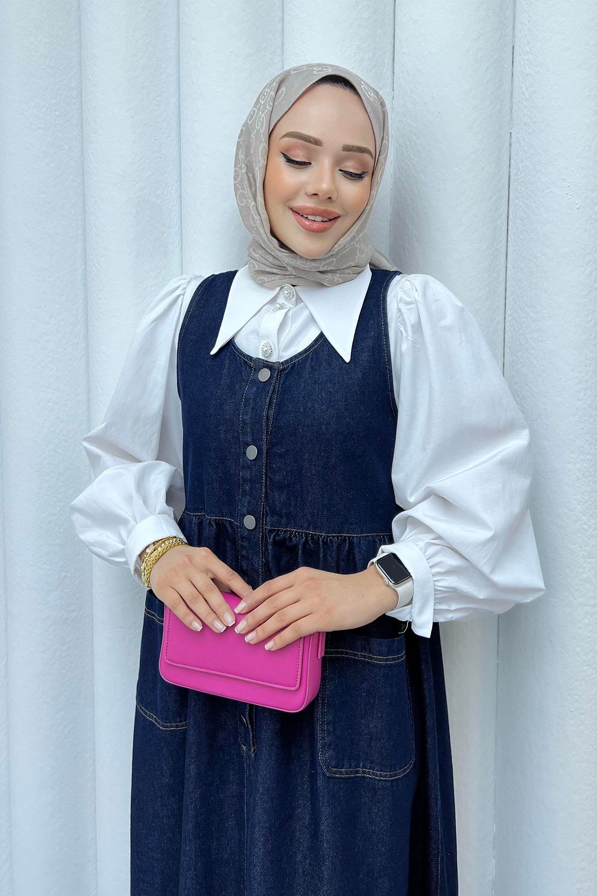 Önden Düğmeli Cep Detaylı Denim Jİle-KOYU MAVİ