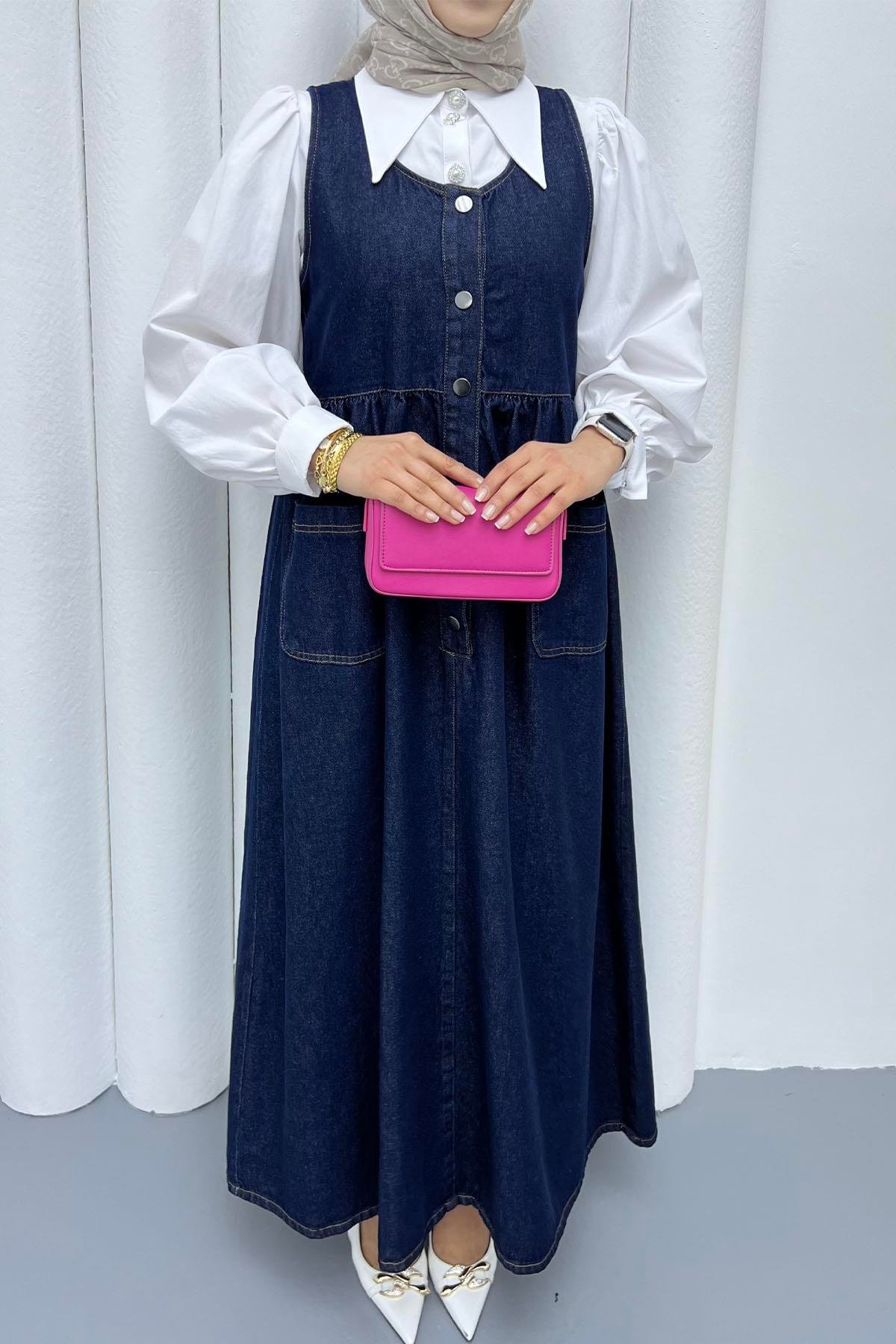 Önden Düğmeli Cep Detaylı Denim Jİle-KOYU MAVİ
