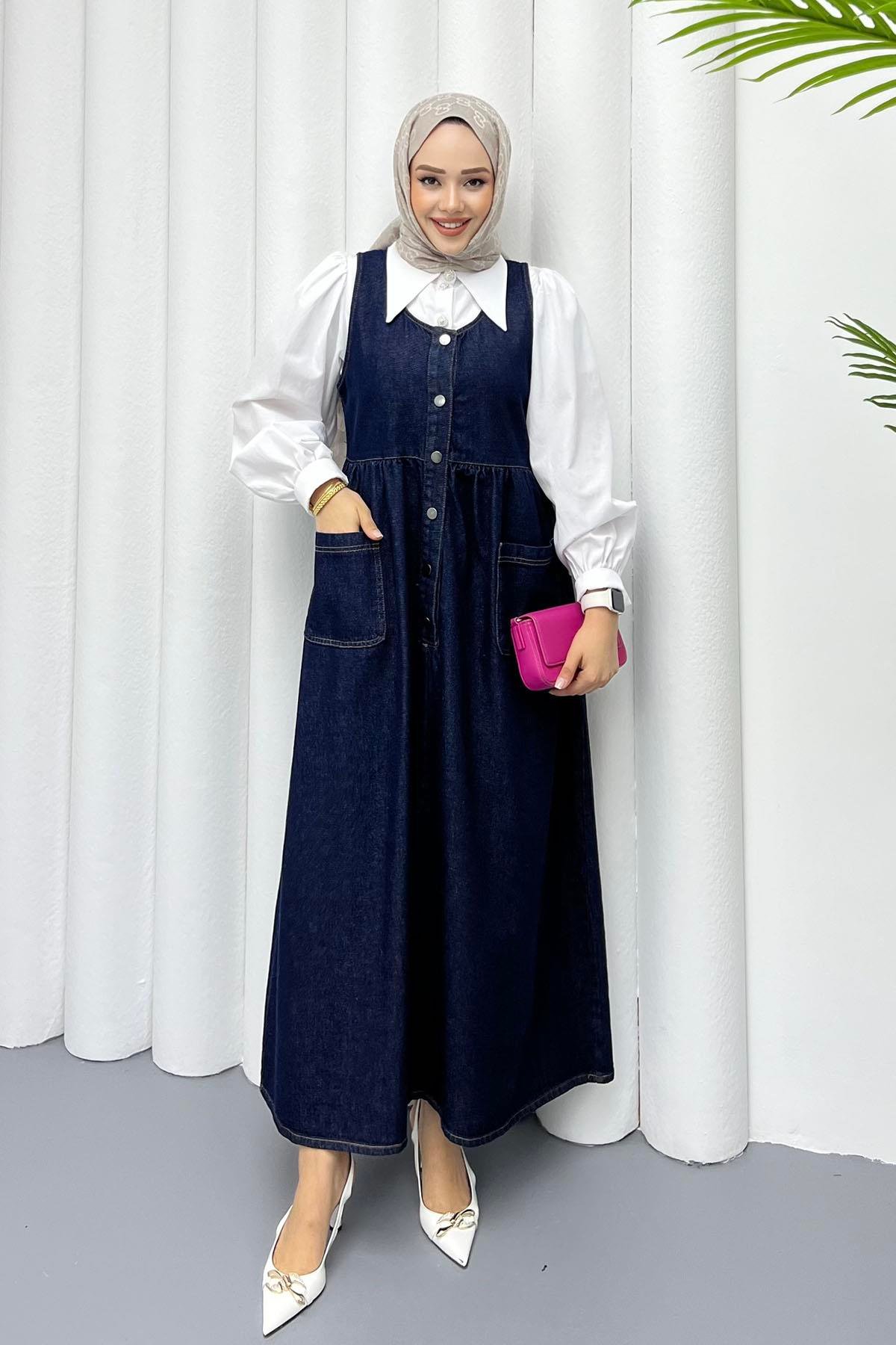 Önden Düğmeli Cep Detaylı Denim Jİle-KOYU MAVİ