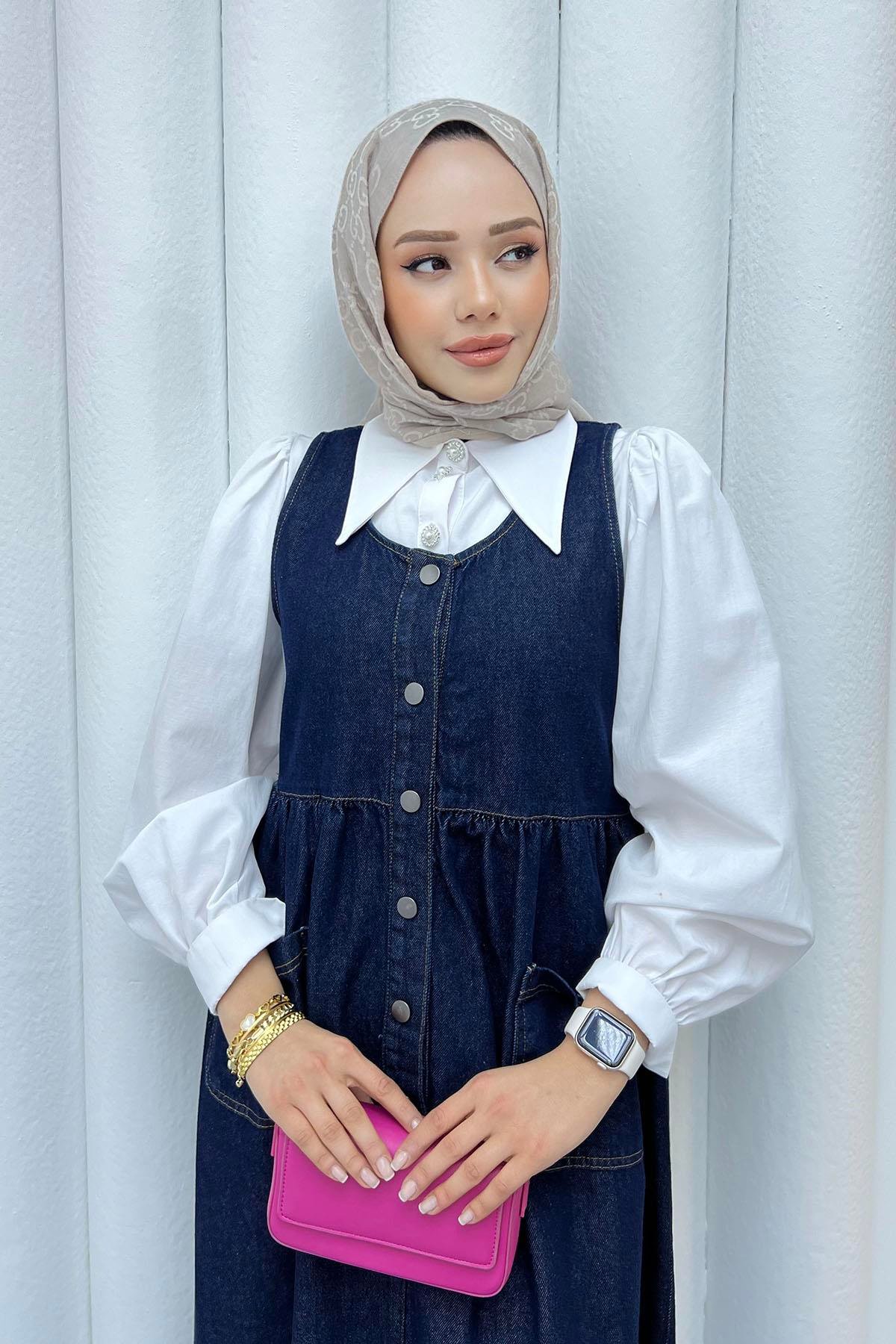 Önden Düğmeli Cep Detaylı Denim Jİle-KOYU MAVİ