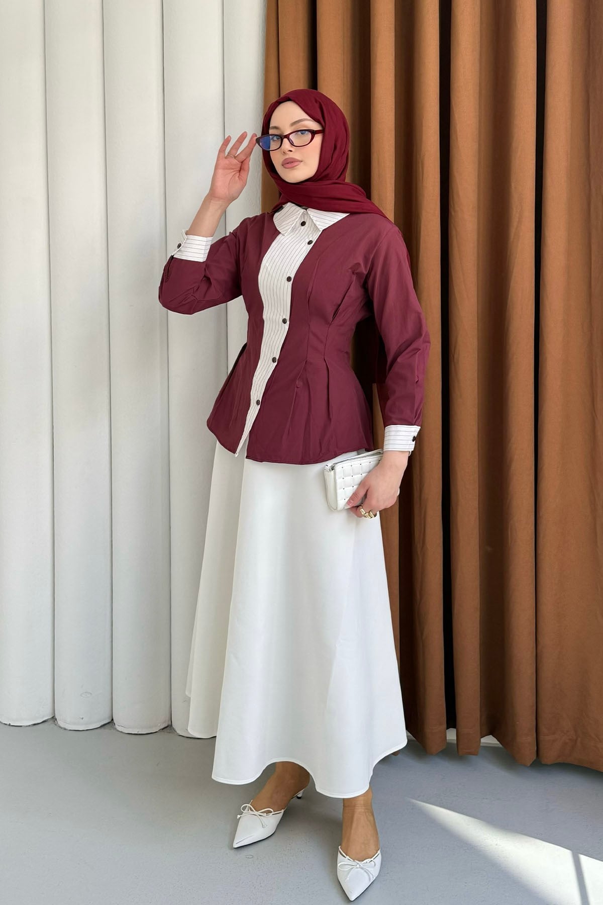 Önü Asimetrik Çizgi Garnili Gömlek-BORDO