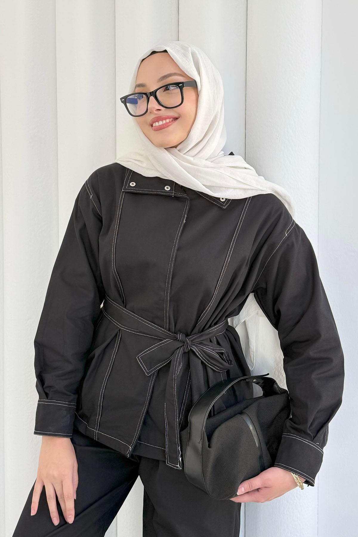 Önü Çıtçıt Detaylı Gabardin Tesettür Takım-SİYAH