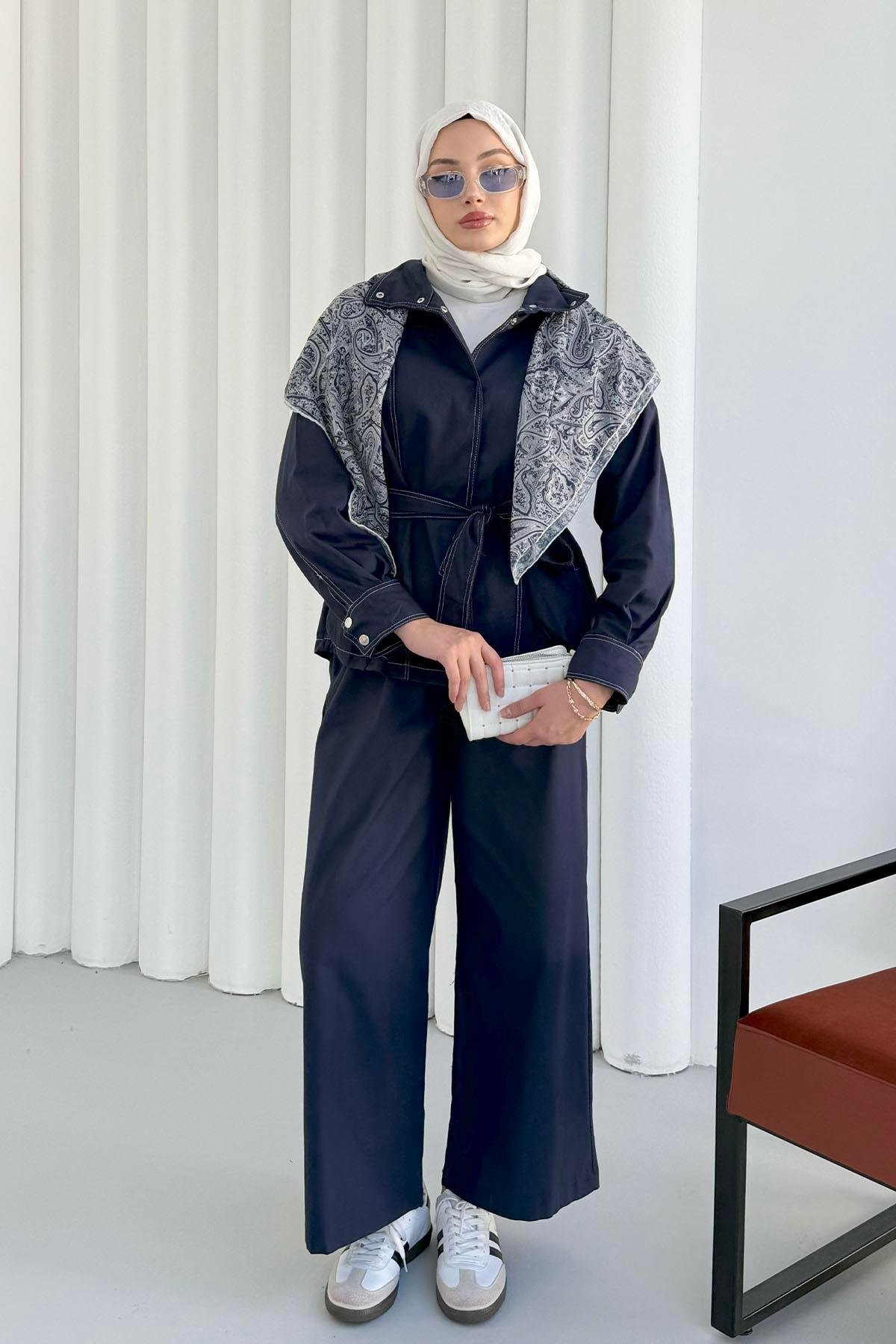 Önü Çıtçıt Detaylı Gabardin Tesettür Takım-LACİVERT