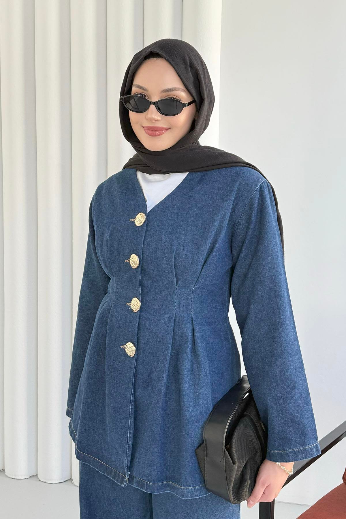Önü Düğme Detaylı V Yaka Denim Tesettür Takım-KOYU MAVİ