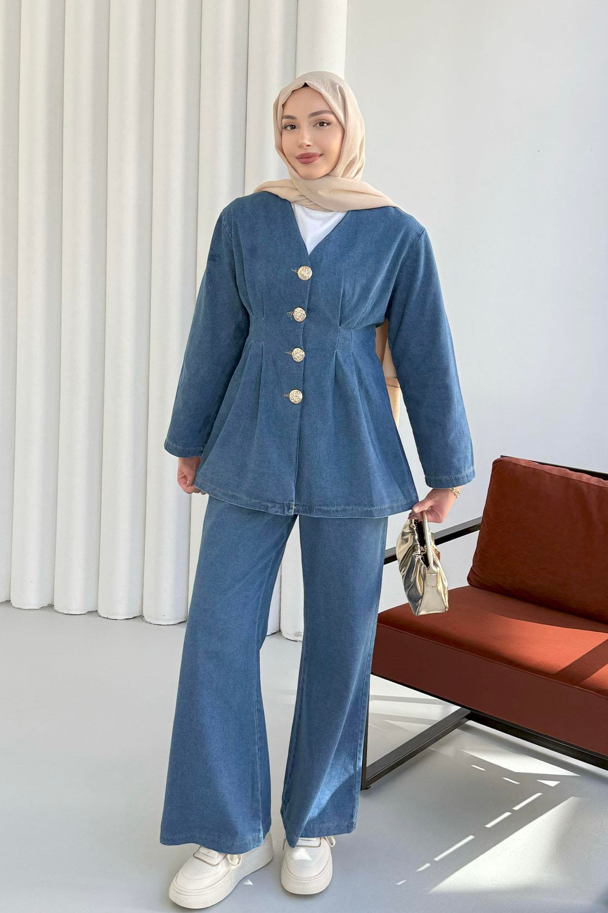 Önü Düğme Detaylı V Yaka Denim Tesettür Takım-AÇIK MAVİ