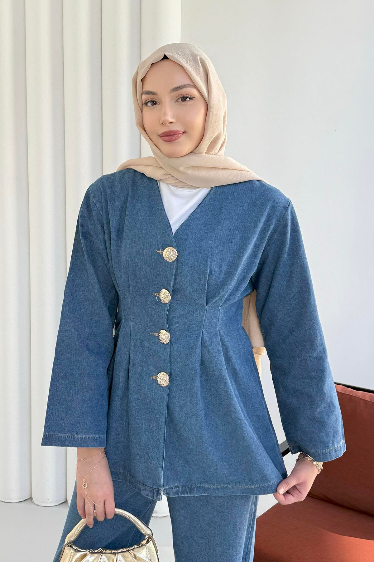 Önü Düğme Detaylı V Yaka Denim Tesettür Takım-AÇIK MAVİ