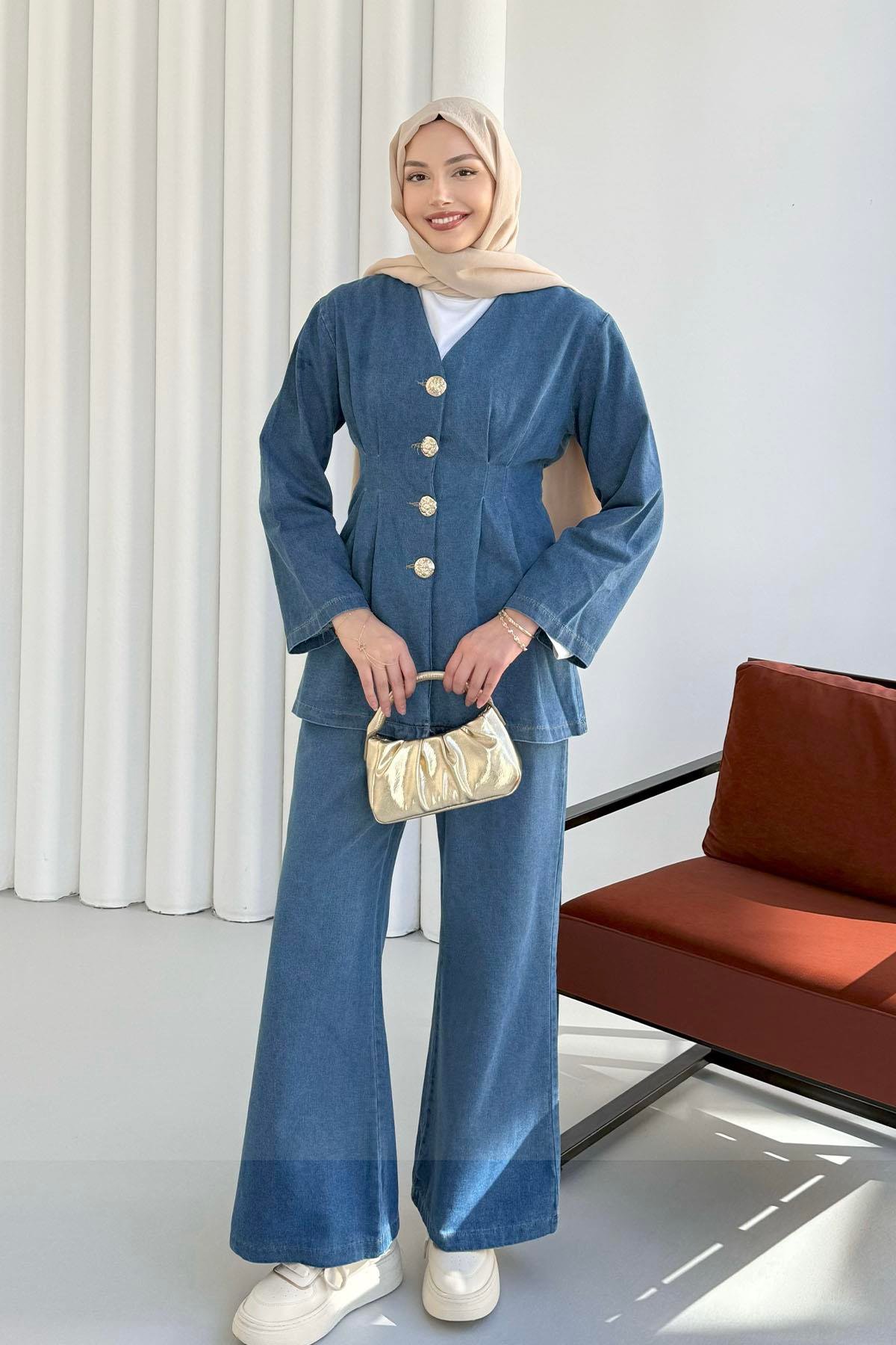 Önü Düğme Detaylı V Yaka Denim Tesettür Takım-AÇIK MAVİ