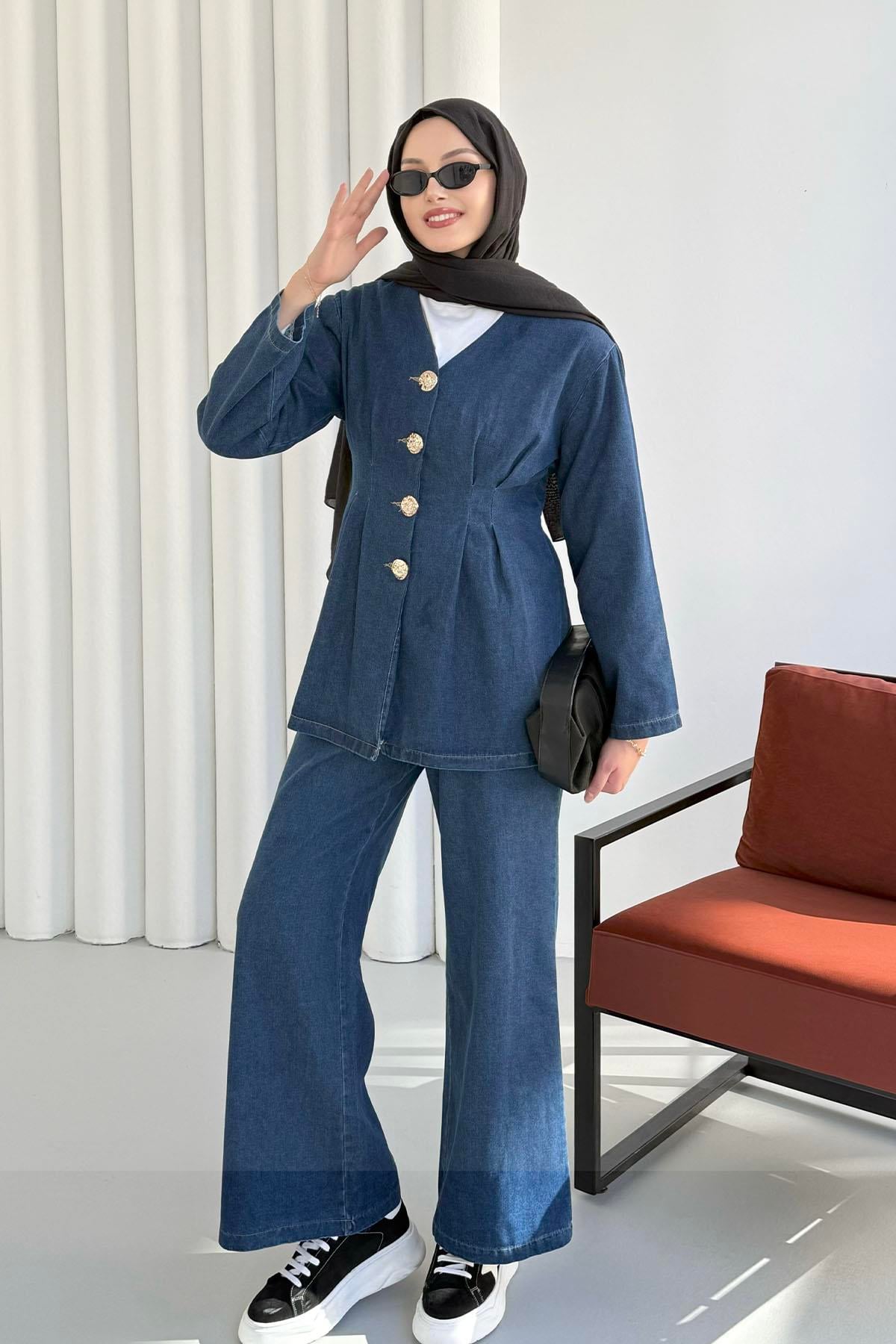 Önü Düğme Detaylı V Yaka Denim Tesettür Takım-KOYU MAVİ