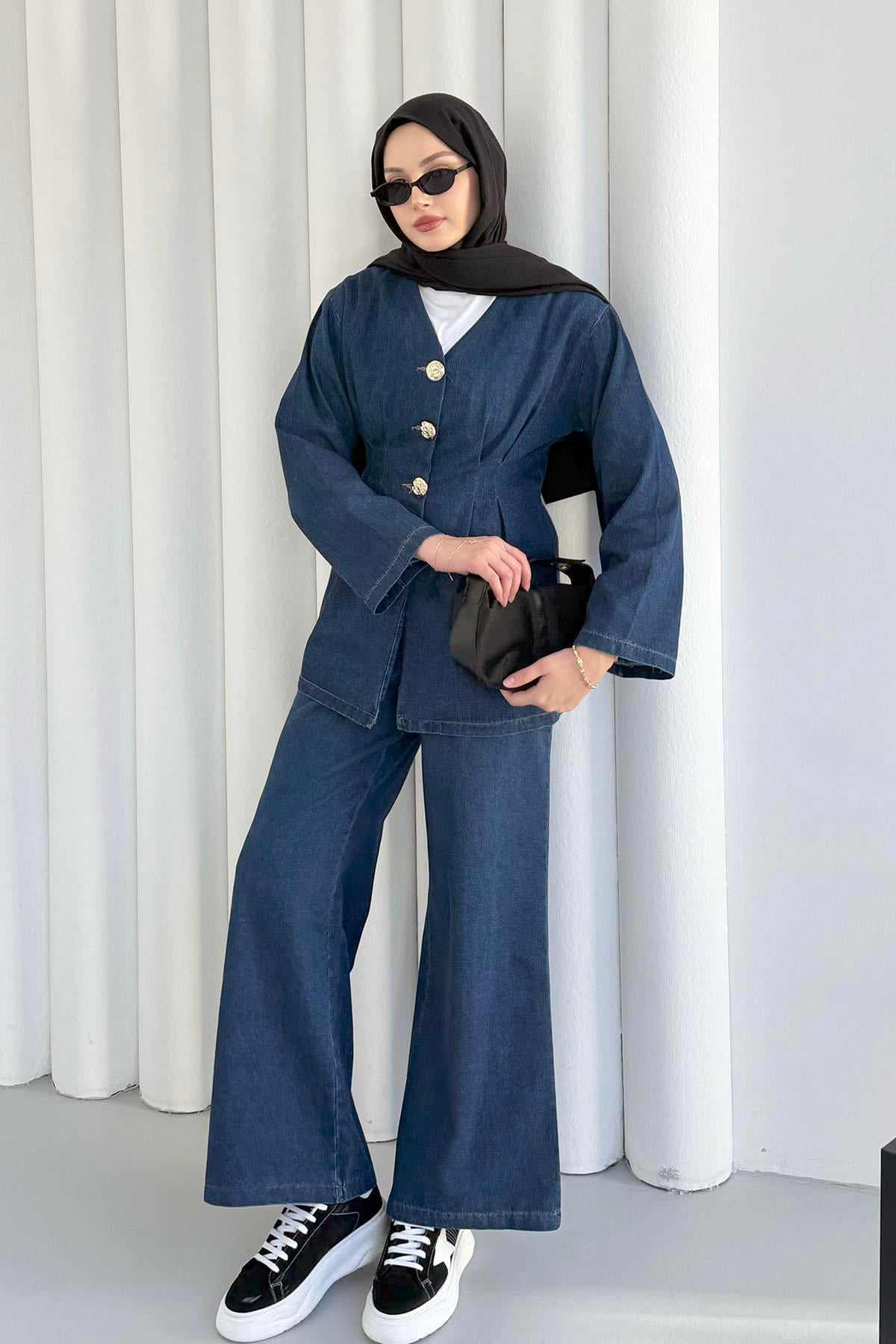 Önü Düğme Detaylı V Yaka Denim Tesettür Takım-KOYU MAVİ