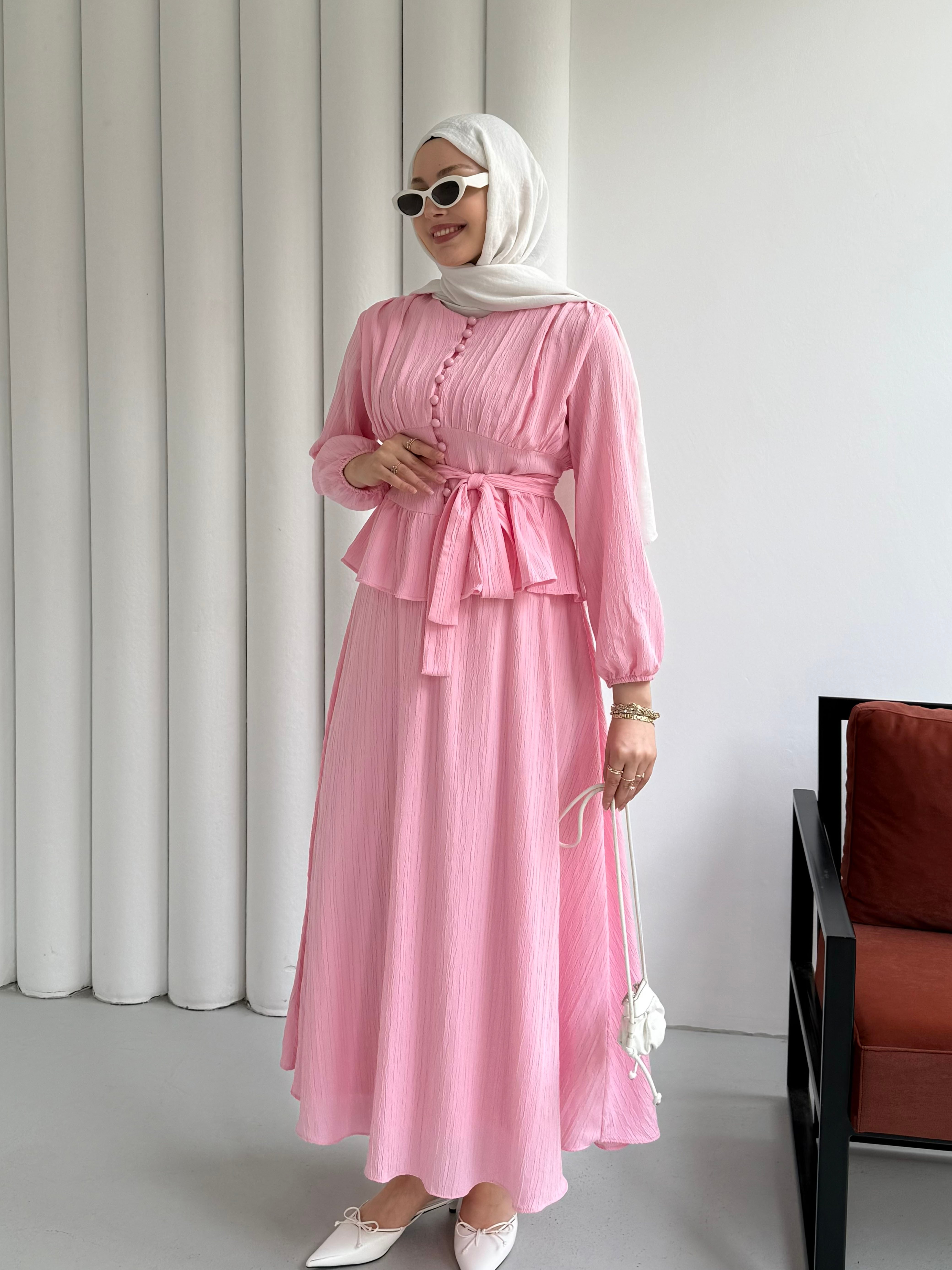 Önü Düğmeli Beli Pensli Etekli Tesettür İkili Takım-PEMBE