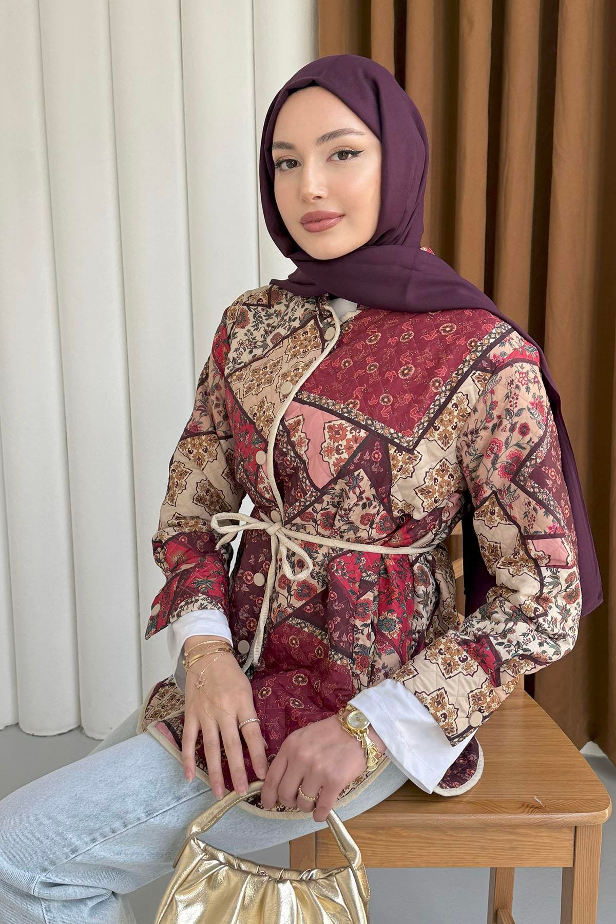 Önü Düğmeli Etnik Desenli Ceket-BORDO