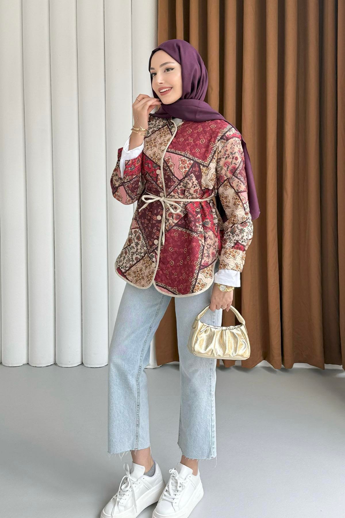 Önü Düğmeli Etnik Desenli Ceket-BORDO