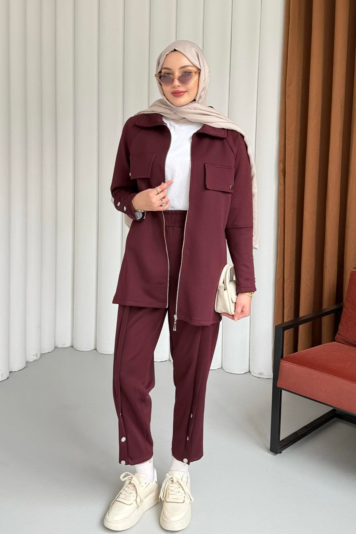 Önü Fermuarlı Çıt Çıt Detaylı Tesettür Takım-BORDO