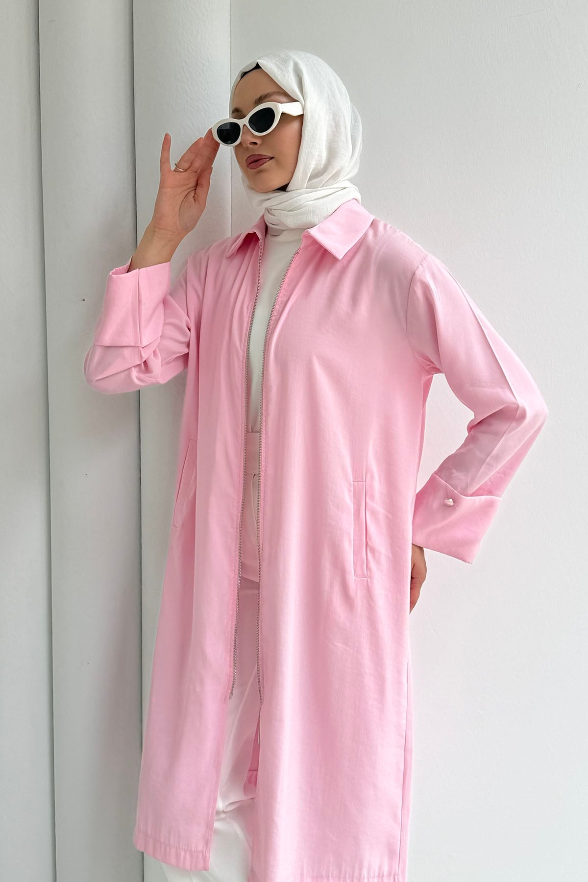 Önü Fermuarlı Nefes Alan Tensel Kumaş Kap-PEMBE