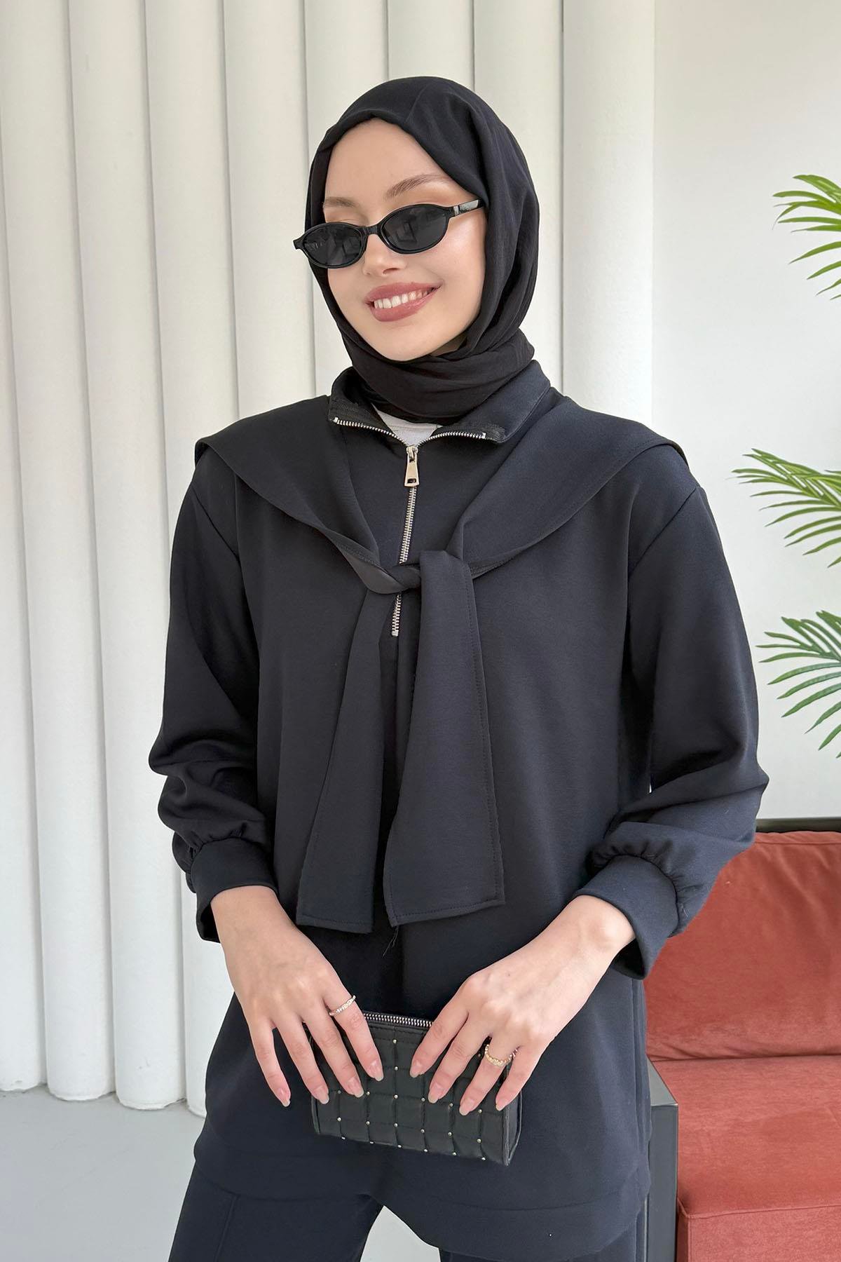 Önü Yarım Fermuarlı Fularlı Pantolonlu Tesettür Takım-KOYU LACİVERT