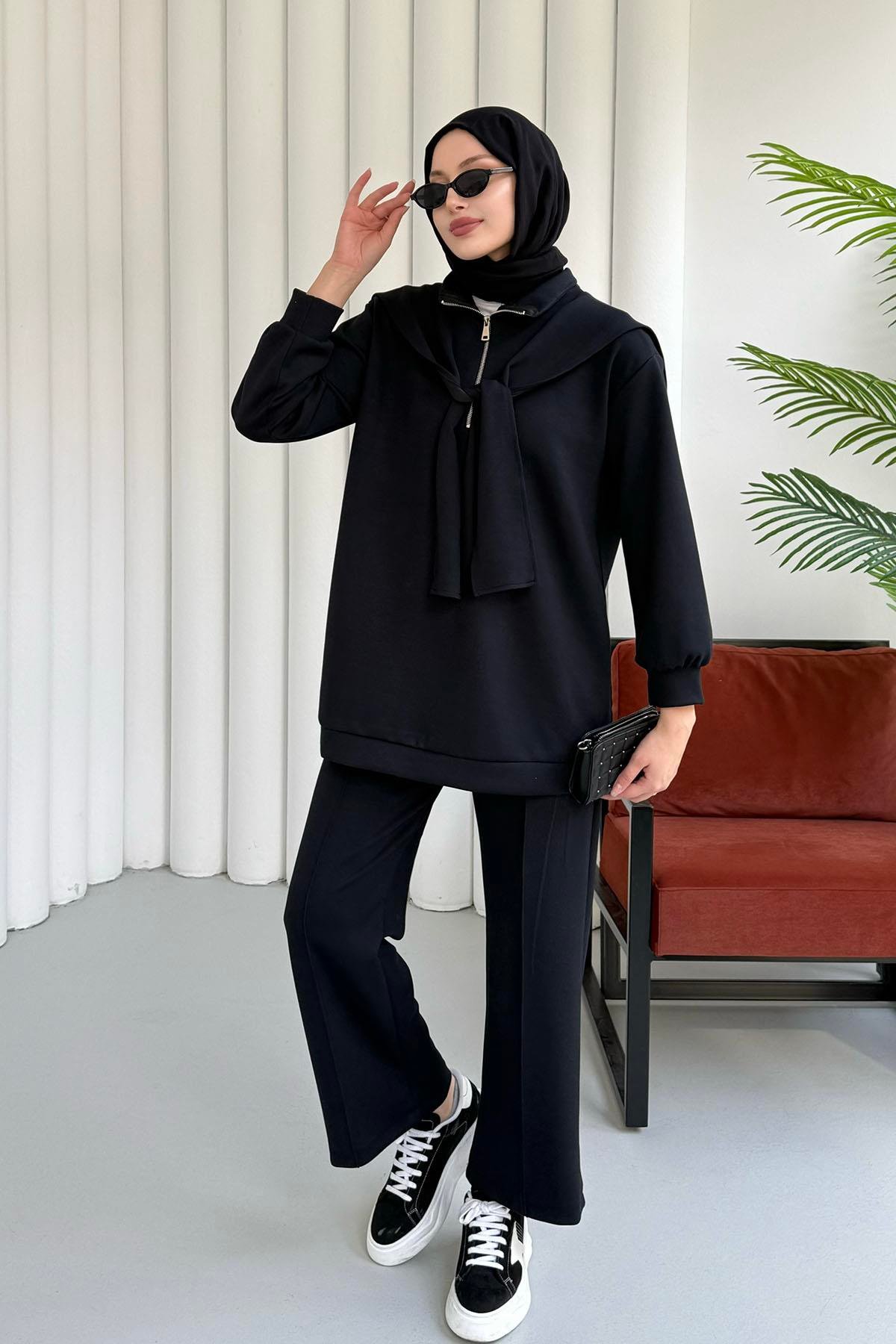 Önü Yarım Fermuarlı Fularlı Pantolonlu Tesettür Takım-KOYU LACİVERT