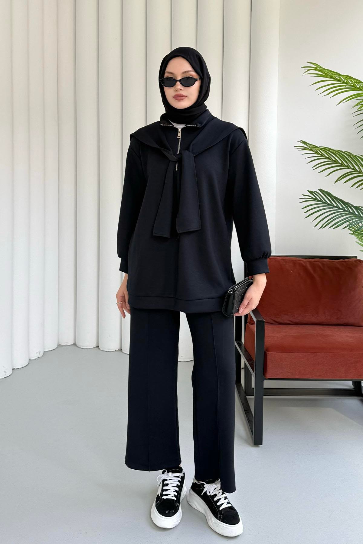 Önü Yarım Fermuarlı Fularlı Pantolonlu Tesettür Takım-KOYU LACİVERT