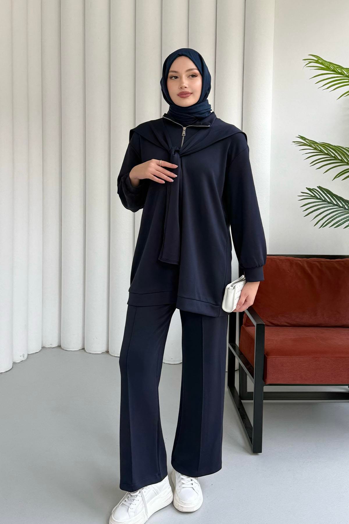 Önü Yarım Fermuarlı Fularlı Pantolonlu Tesettür Takım-LACİVERT
