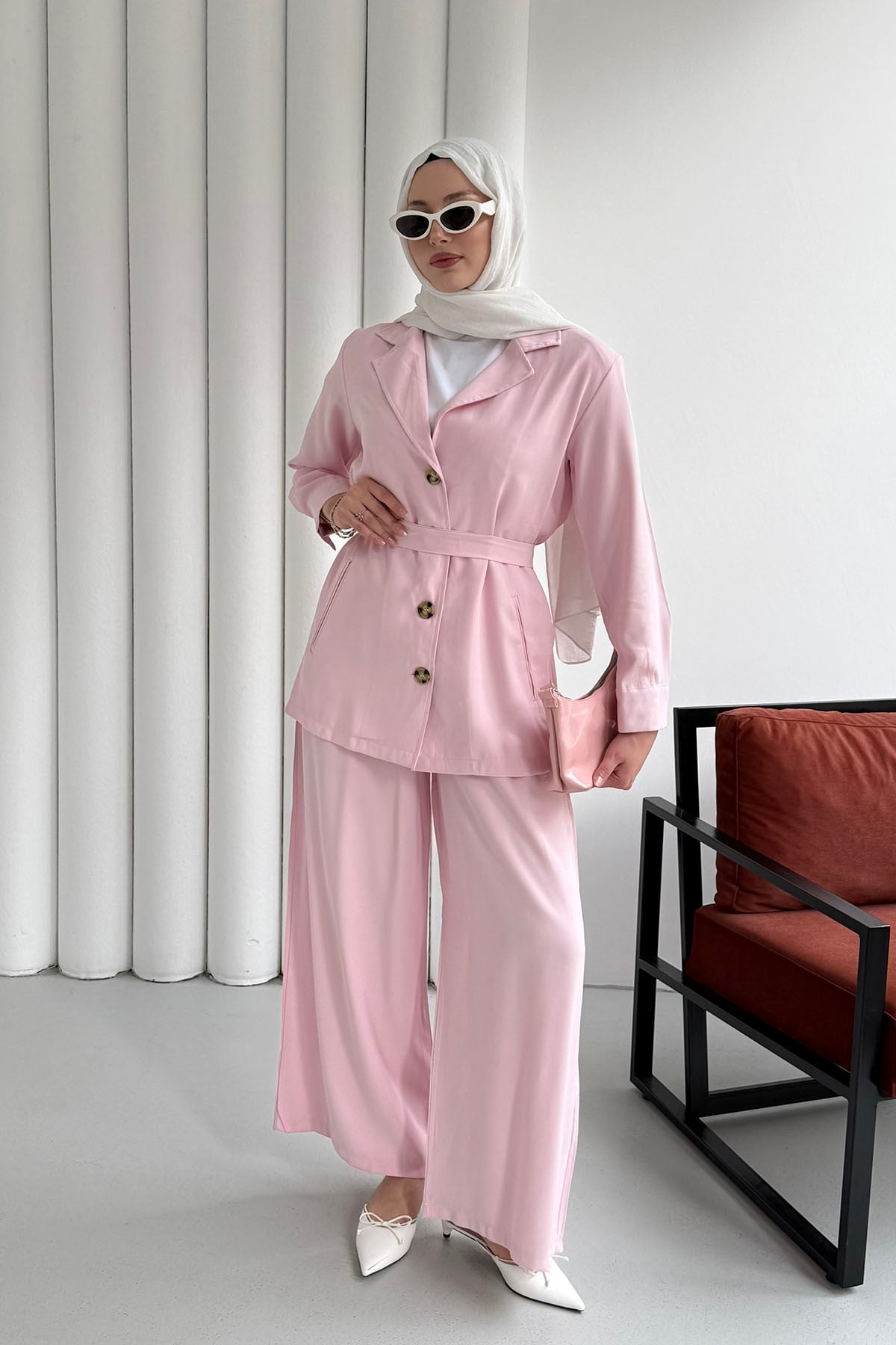 Oversize Ceket Pantolon Tesettür Takım-PEMBE