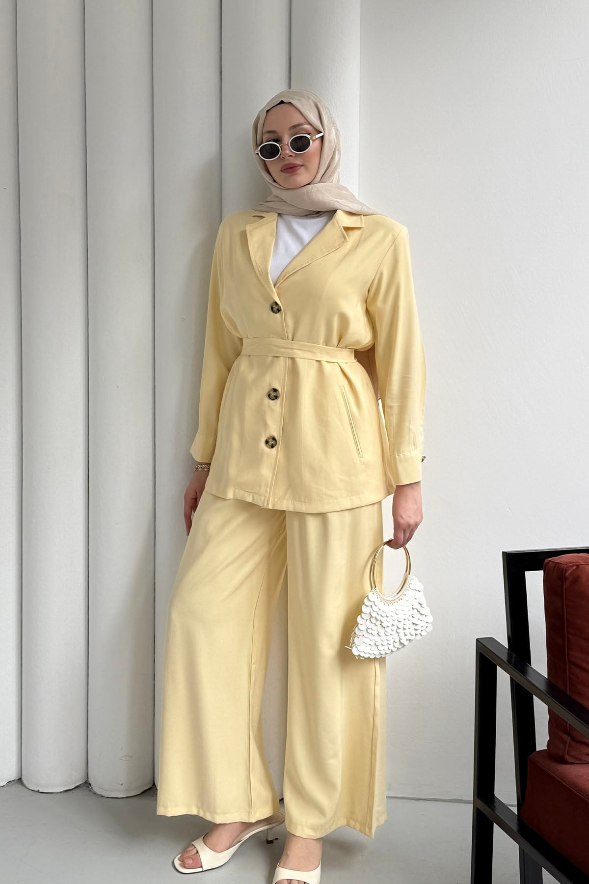 Oversize Ceket Pantolon Tesettür Takım-SARI
