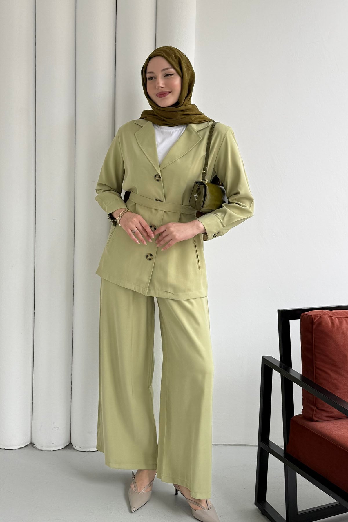 Oversize Ceket Pantolon Tesettür Takım-MİNT YEŞİLİ