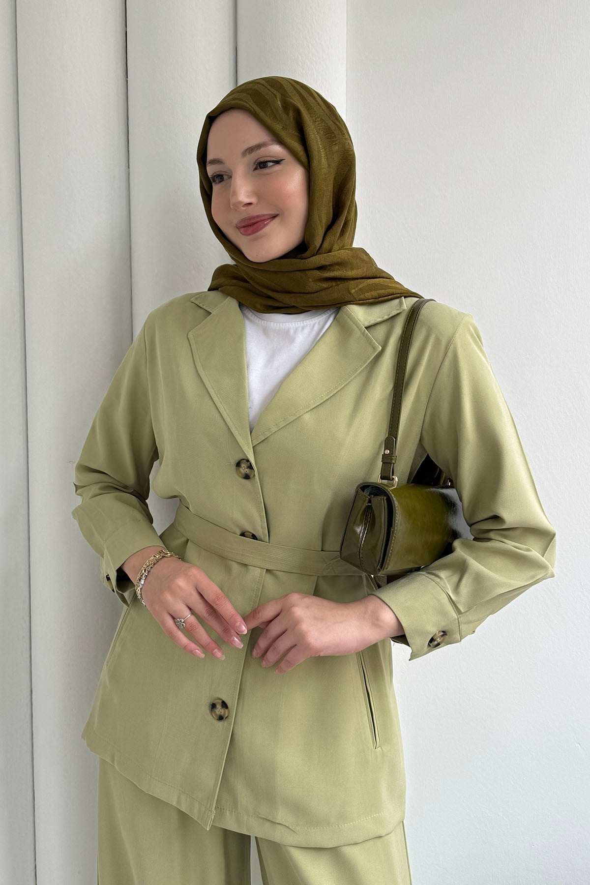 Oversize Ceket Pantolon Tesettür Takım-MİNT YEŞİLİ