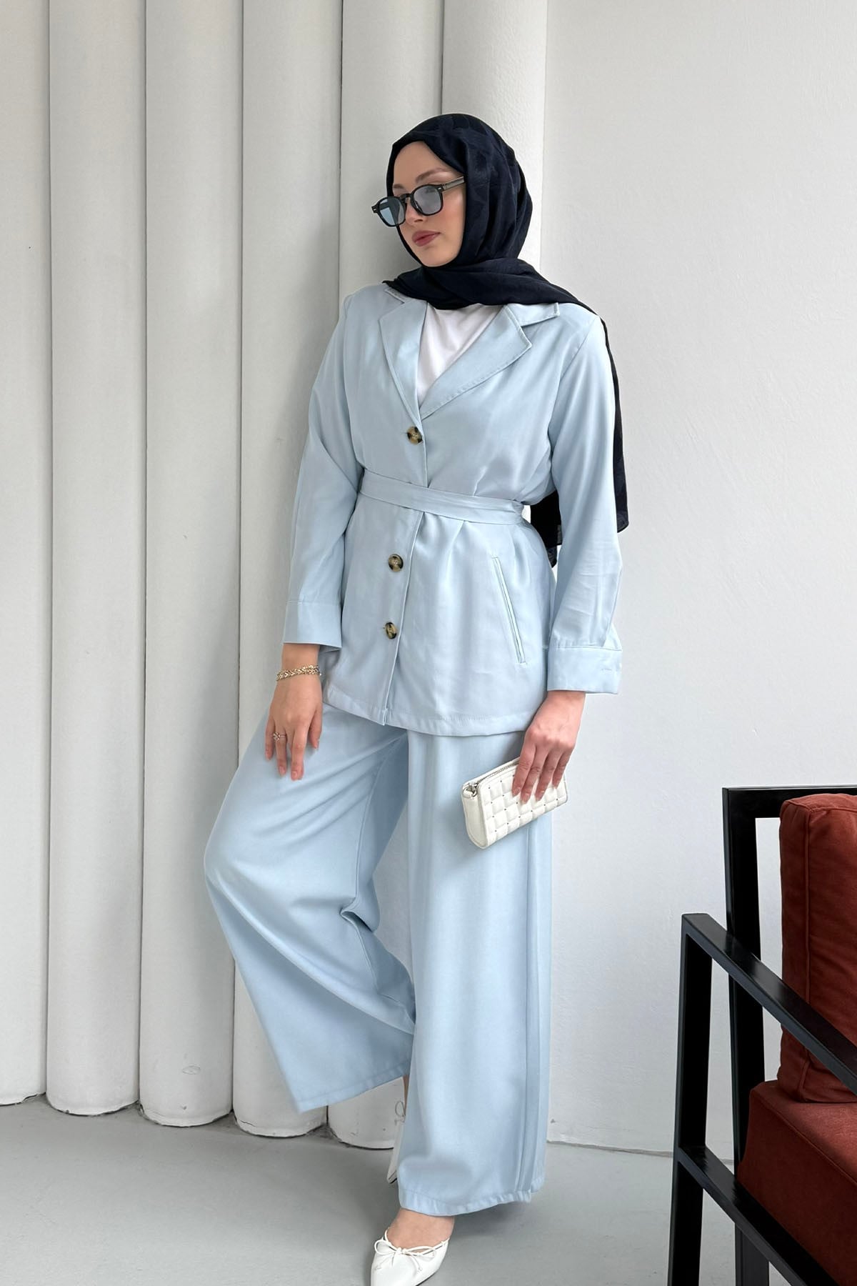 Oversize Ceket Pantolon Tesettür Takım-BEBE MAVİ