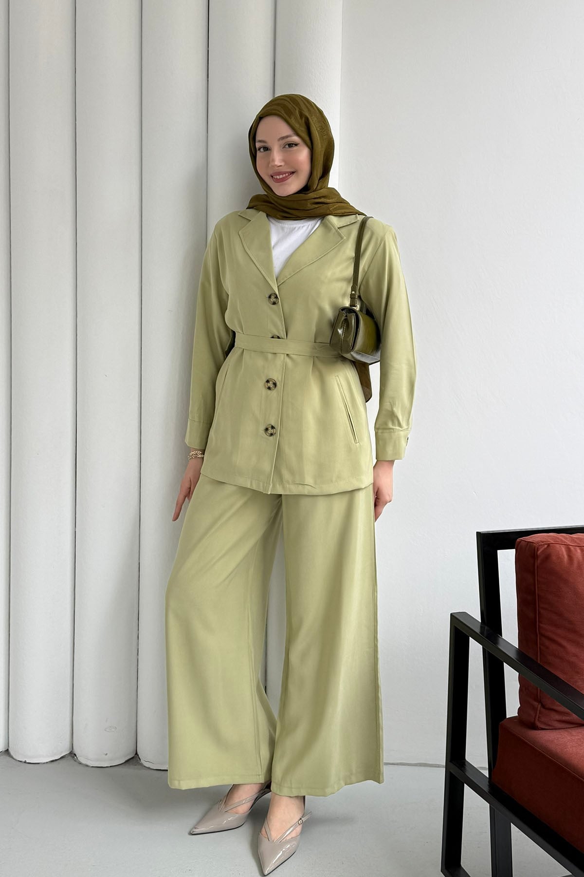 Oversize Ceket Pantolon Tesettür Takım-MİNT YEŞİLİ