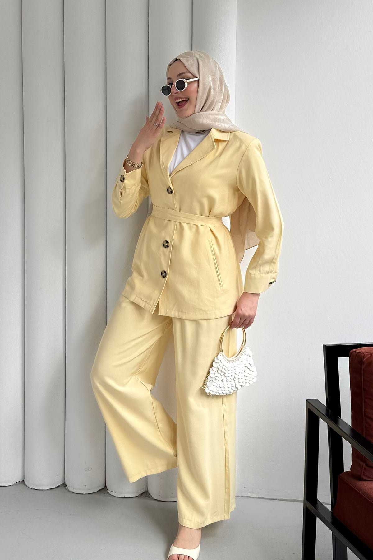 Oversize Ceket Pantolon Tesettür Takım-SARI