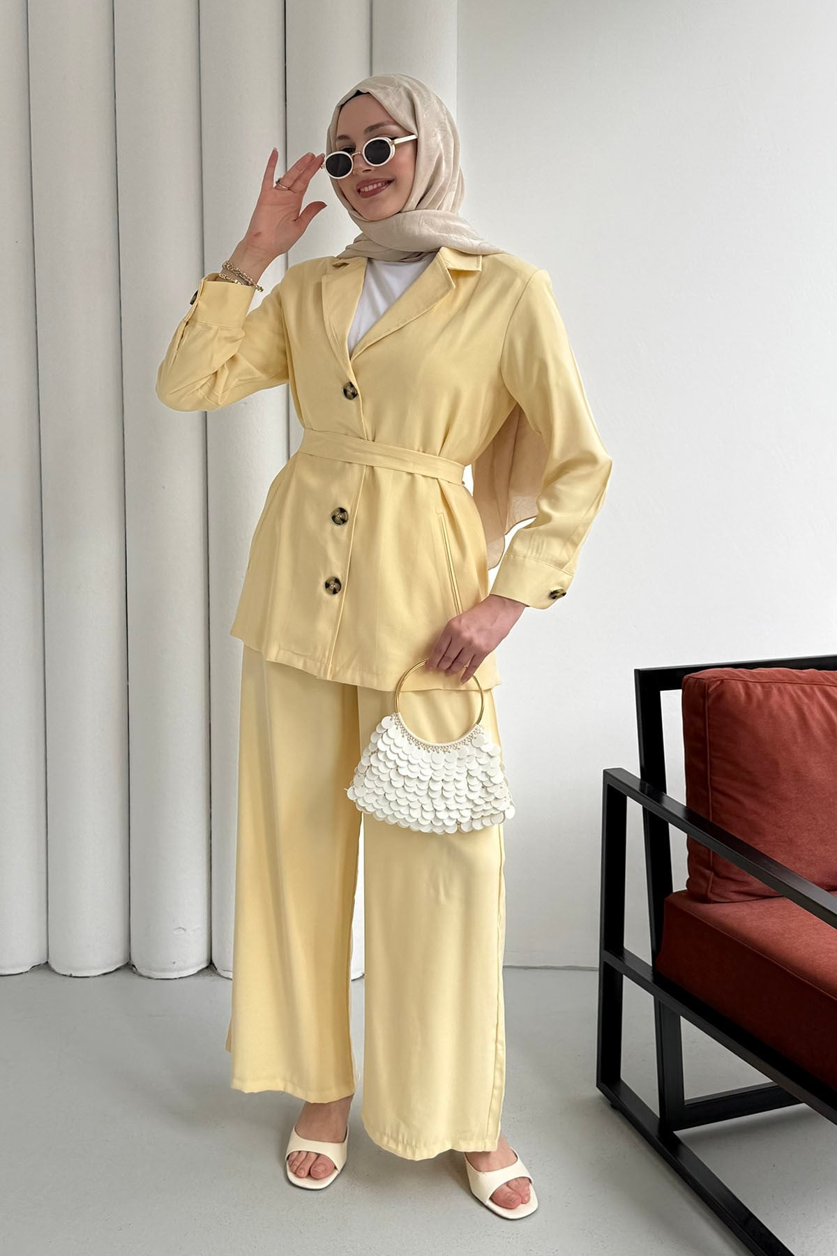 Oversize Ceket Pantolon Tesettür Takım-SARI