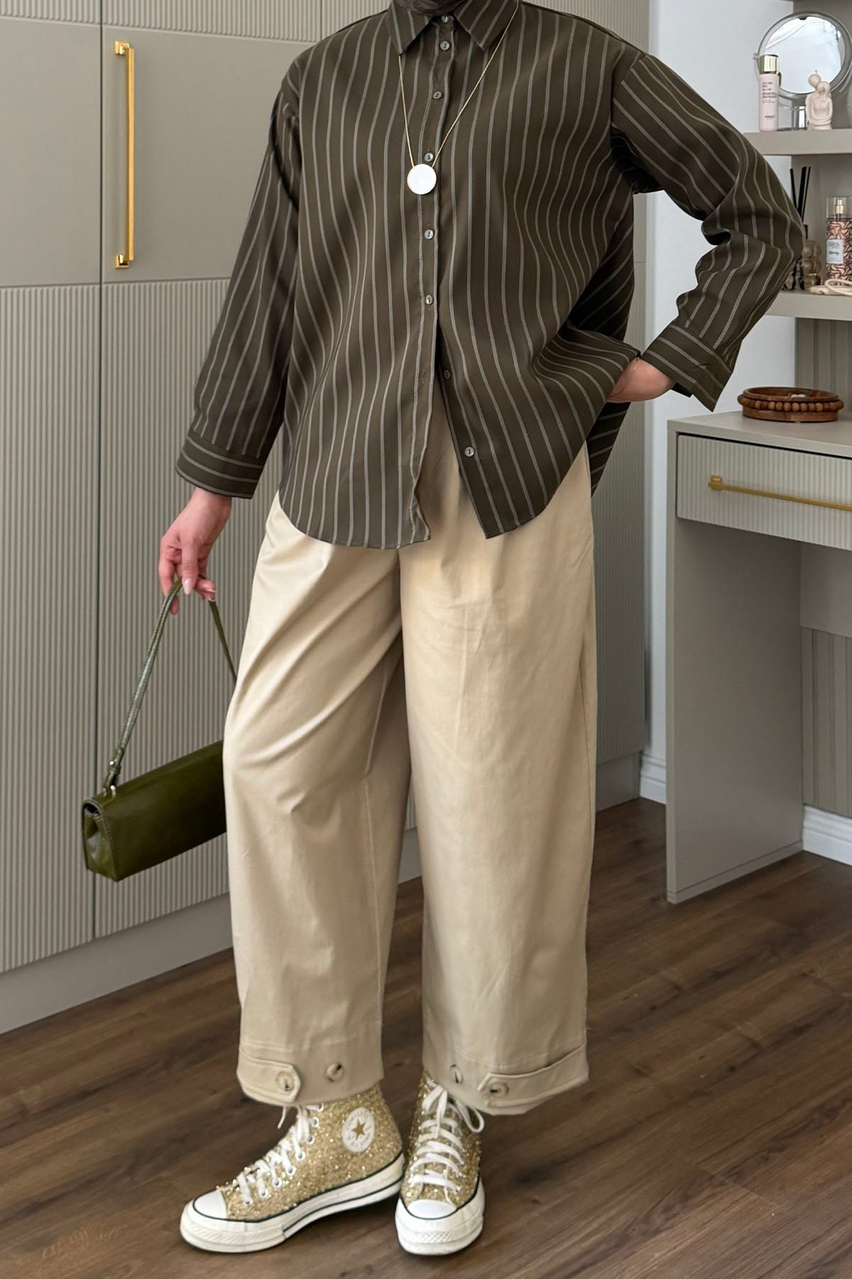 Oversize Çizgili Salaş Gömlek-HAKİ YEŞİL
