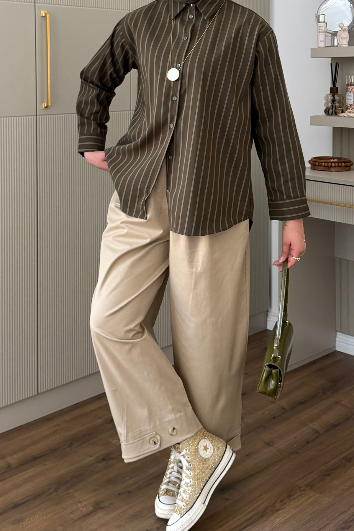 Oversize Çizgili Salaş Gömlek-HAKİ YEŞİL