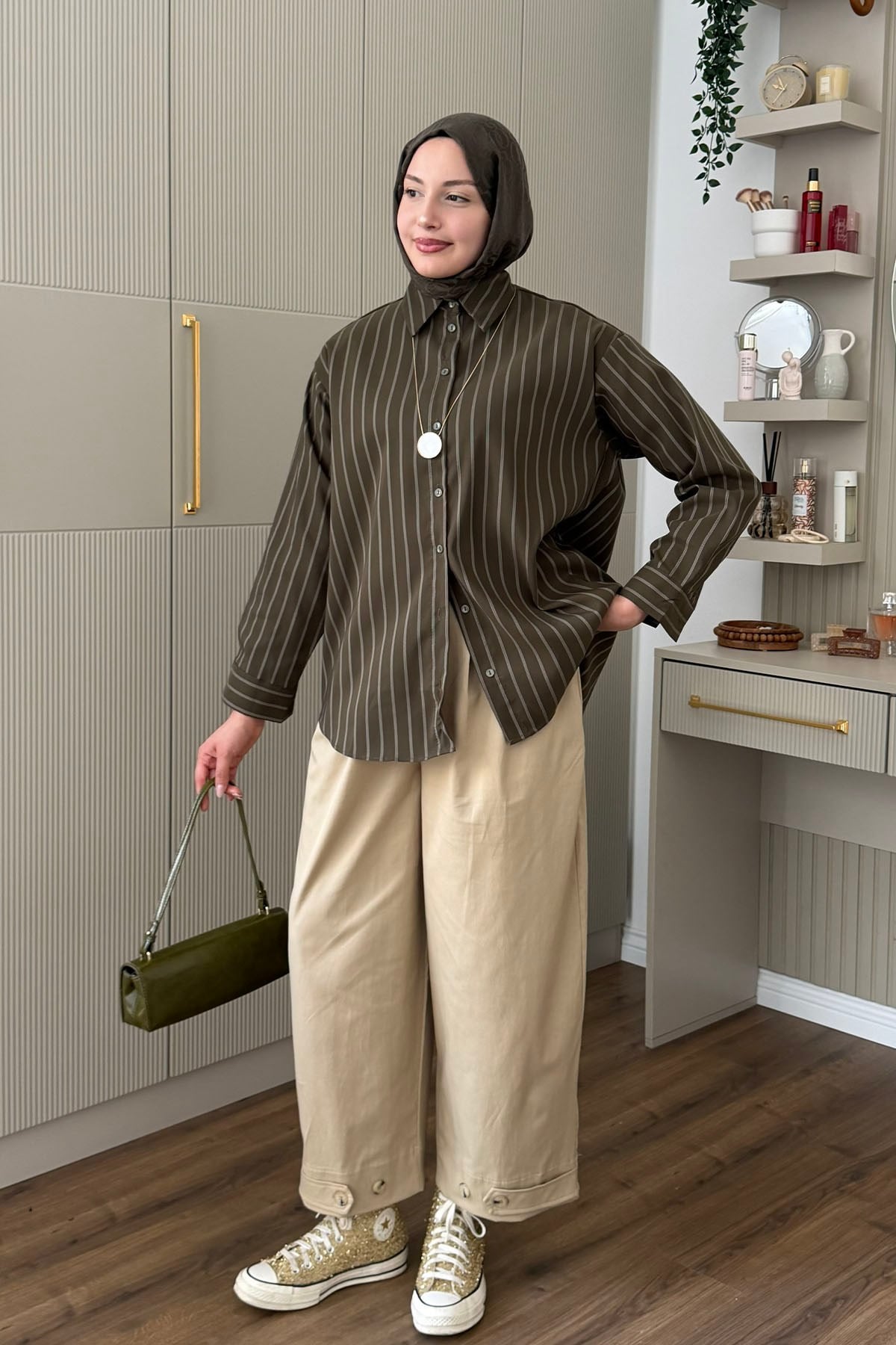 Oversize Çizgili Salaş Gömlek-HAKİ YEŞİL