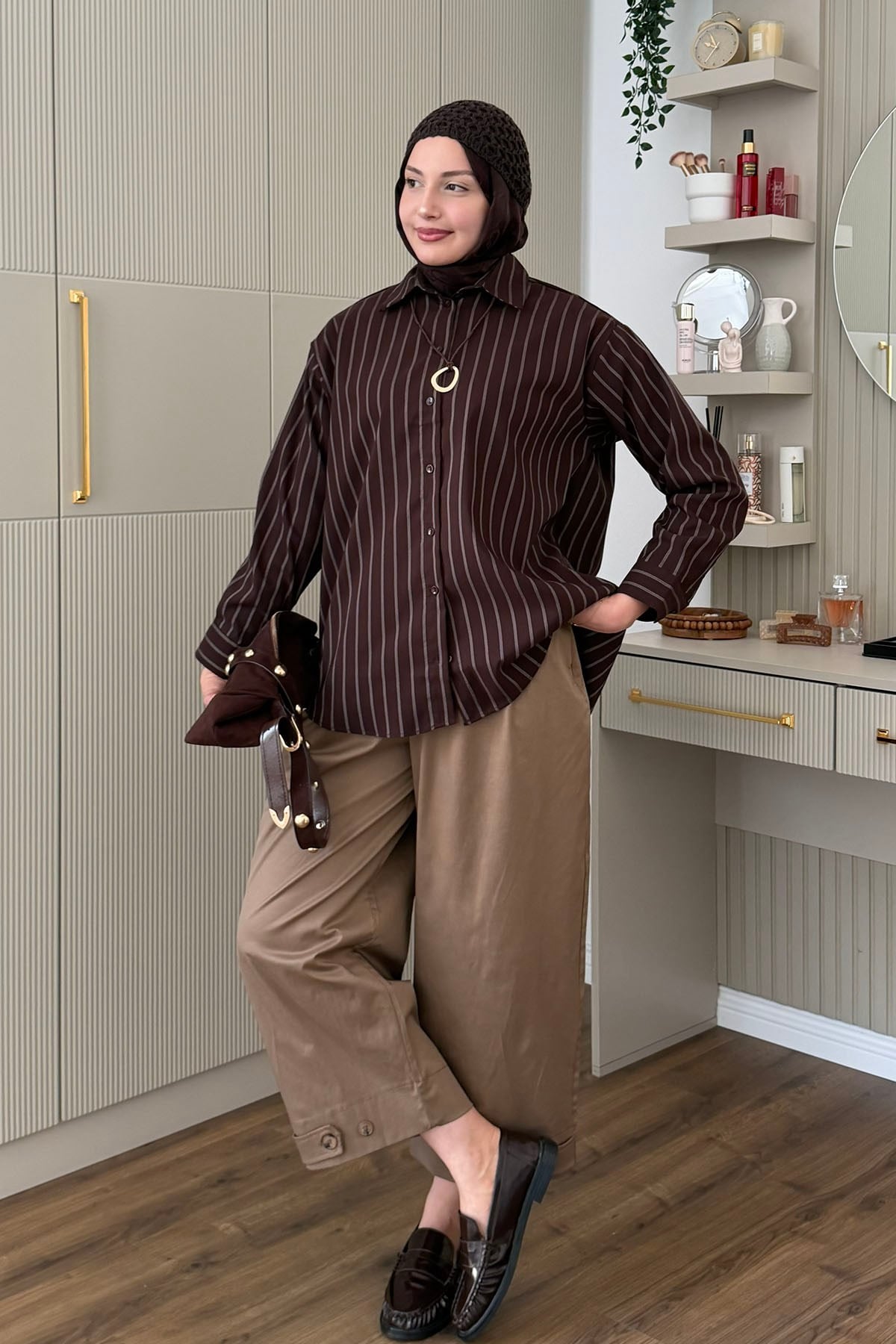 Oversize Çizgili Salaş Gömlek-KAHVERENGİ