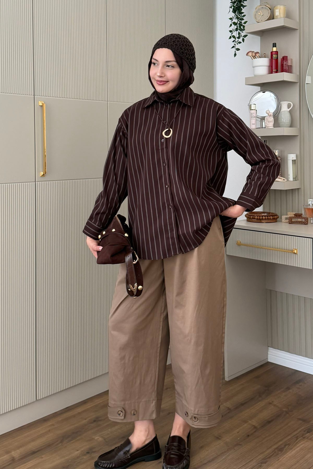 Oversize Çizgili Salaş Gömlek-KAHVERENGİ
