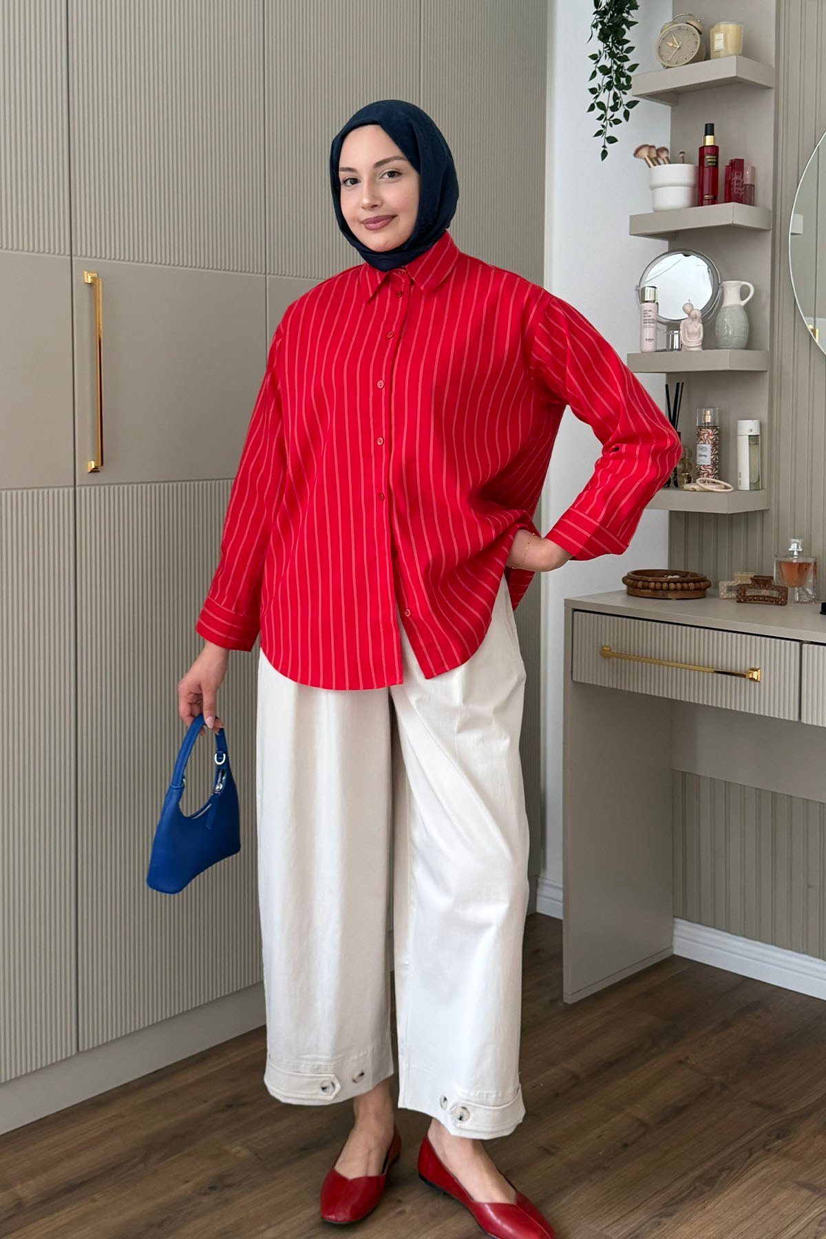 Oversize Çizgili Salaş Gömlek-KIRMIZI