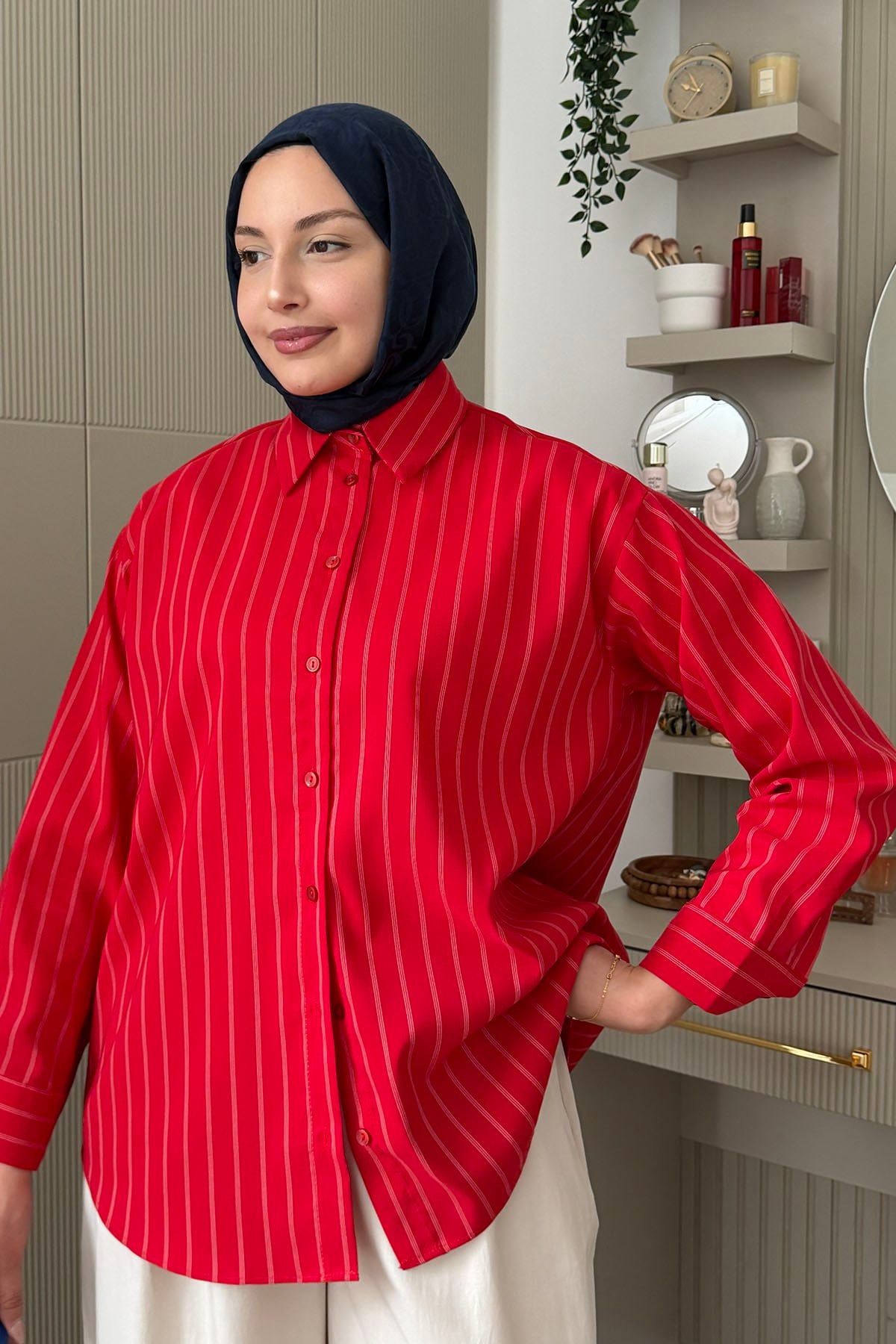 Oversize Çizgili Salaş Gömlek-KIRMIZI