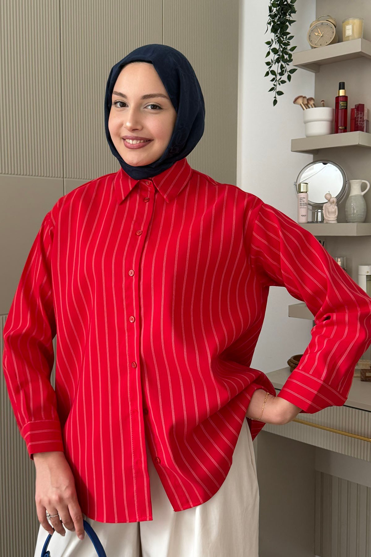 Oversize Çizgili Salaş Gömlek-KIRMIZI