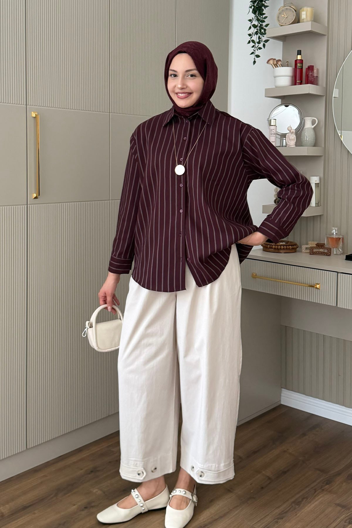 Oversize Çizgili Salaş Gömlek-MÜRDÜM