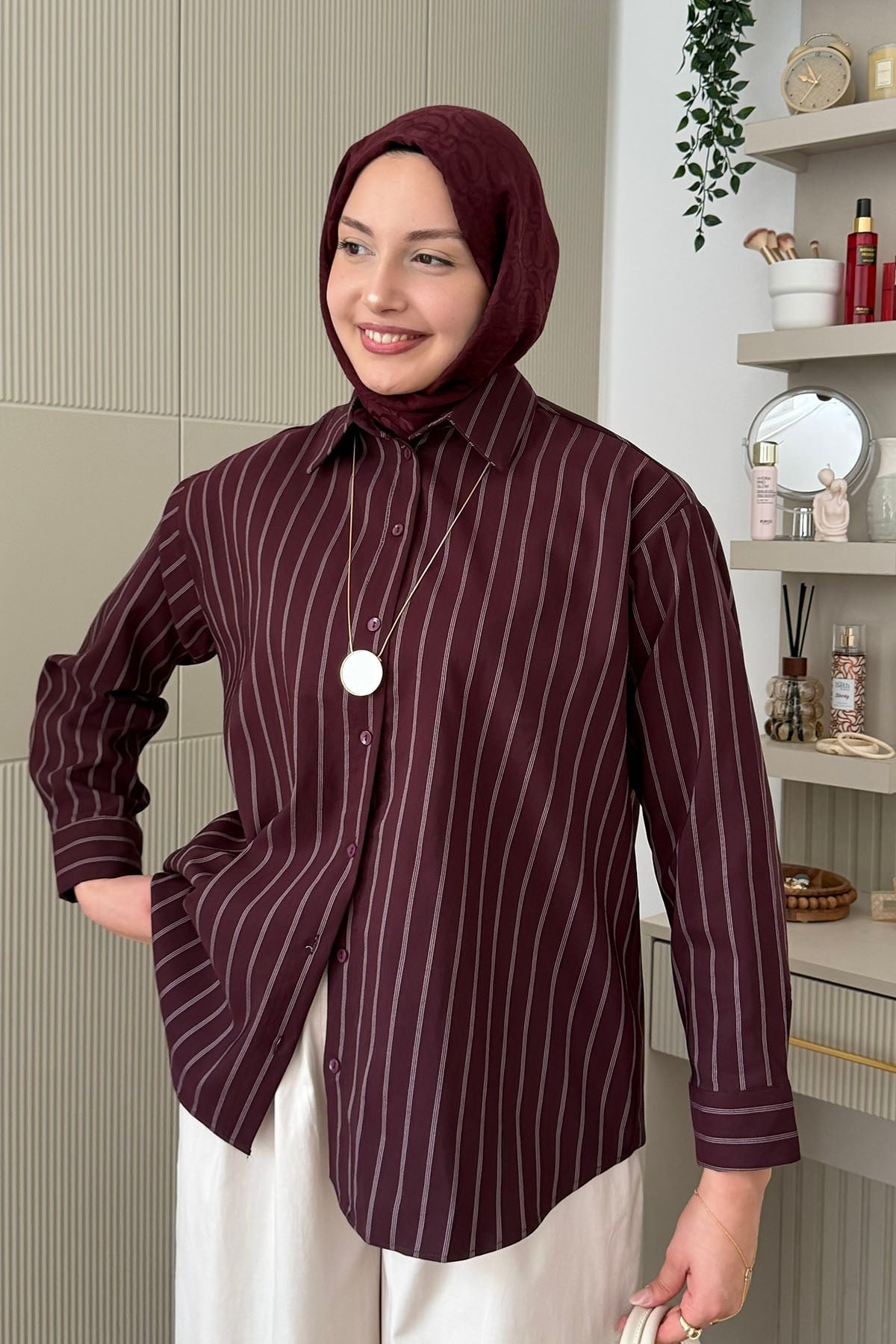 Oversize Çizgili Salaş Gömlek-MÜRDÜM