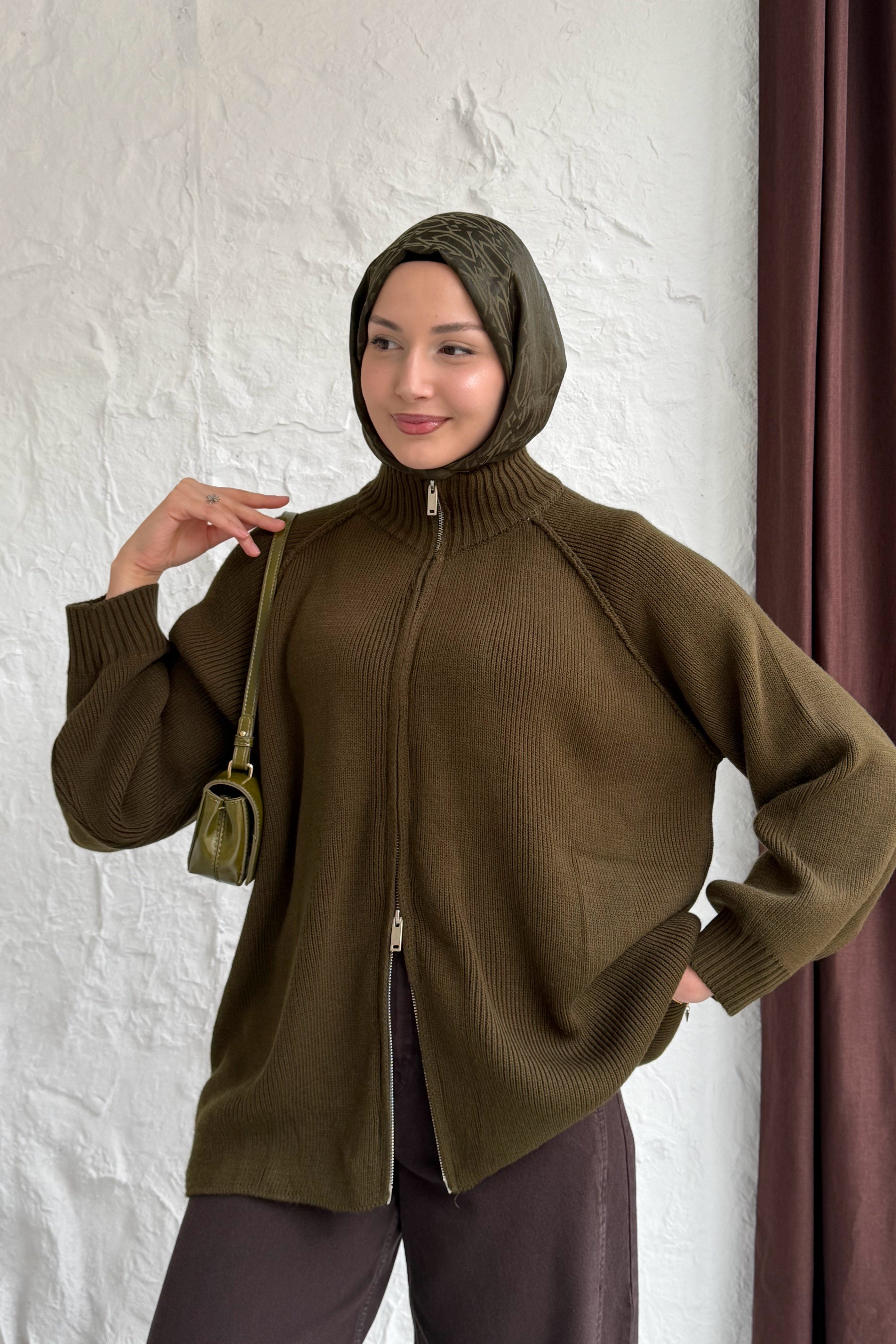 Oversize Dik Yaka Boydan Fermuarlı Triko Hırka-HAKİ YEŞİL