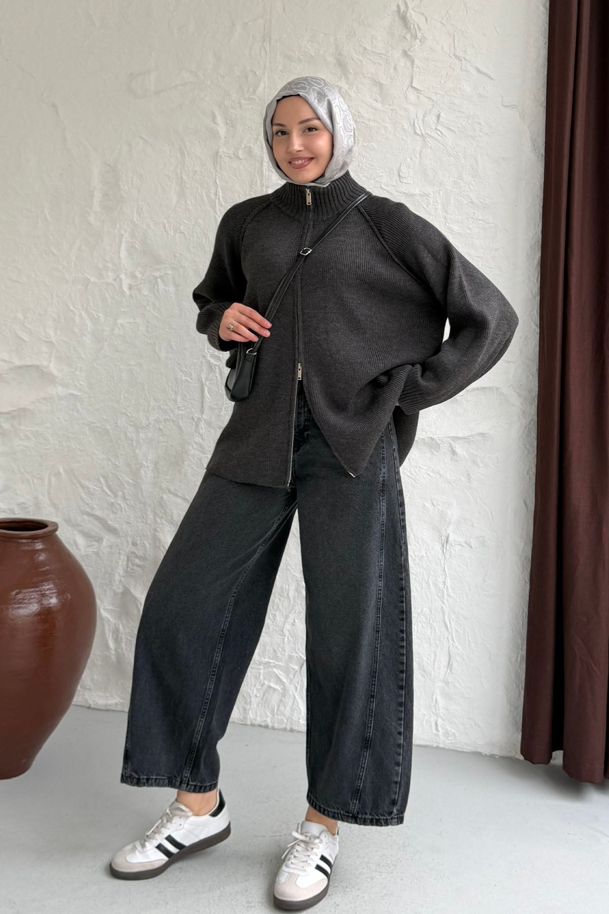 Oversize Dik Yaka Boydan Fermuarlı Triko Hırka-ANTRASİT