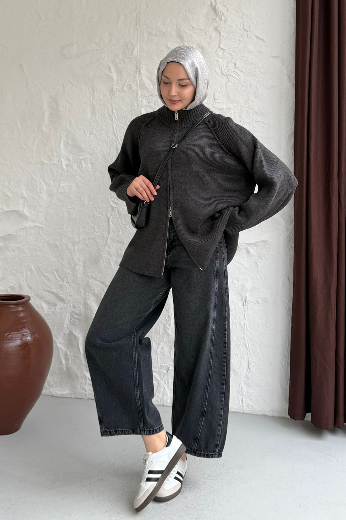 Oversize Dik Yaka Boydan Fermuarlı Triko Hırka-ANTRASİT